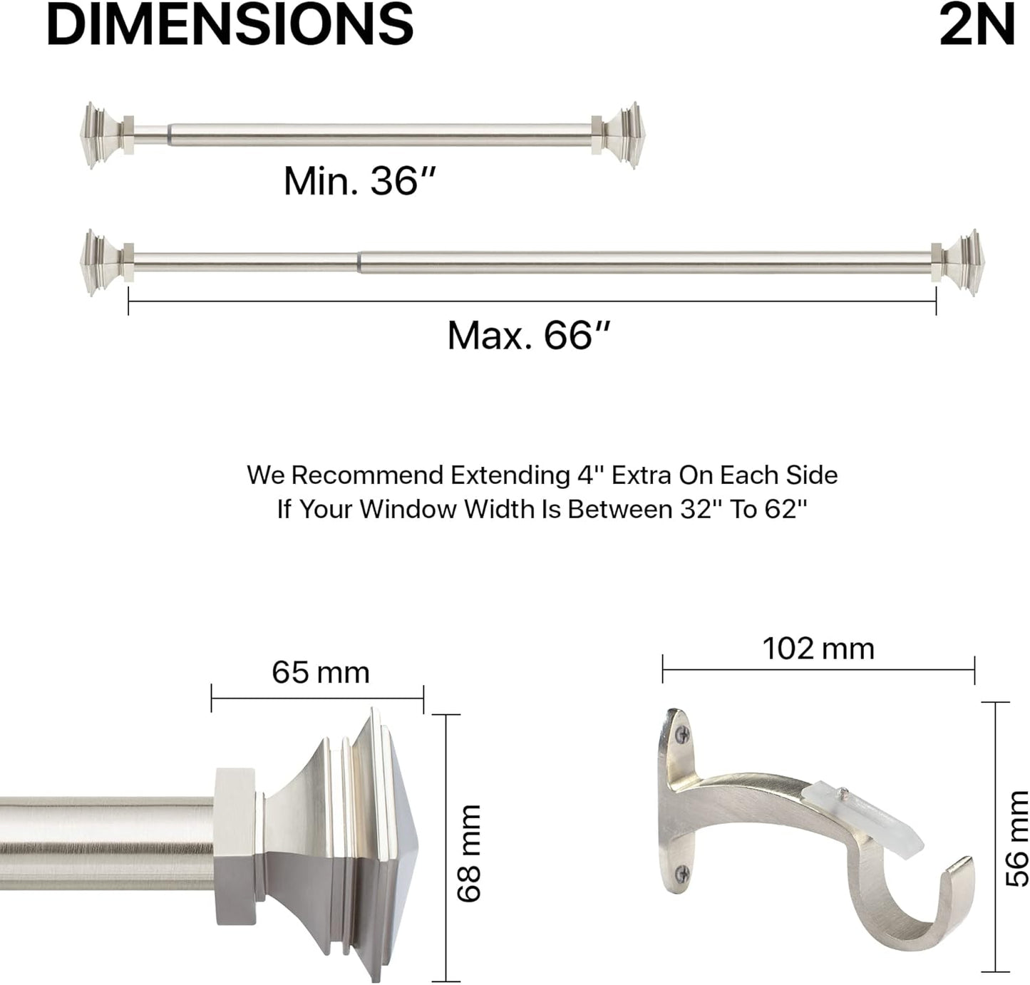 Deco Window 2 Pcs 36"-66" Extendable Curtain Rod for Door & Windows Adjustable Iron Telescopic Drapery Bar with Stacked Square Finials (1" Diameter, Satin Silver)