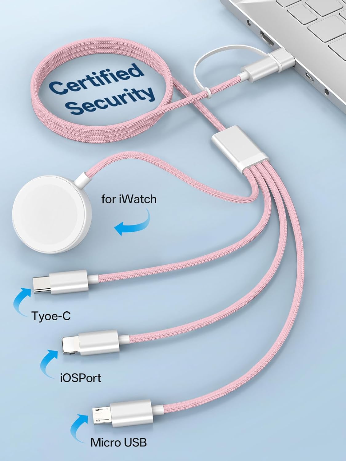 Travel Essentials, 4 in 2 Multi Charging Cable for Apple Watch Charger/iPhone Charger,USB C Cable Cord for iPhone 17-11/iWatch Ultra/10-2/Galaxy S25-S20, Android Phones, Kindle, MP3-Pink,4FT