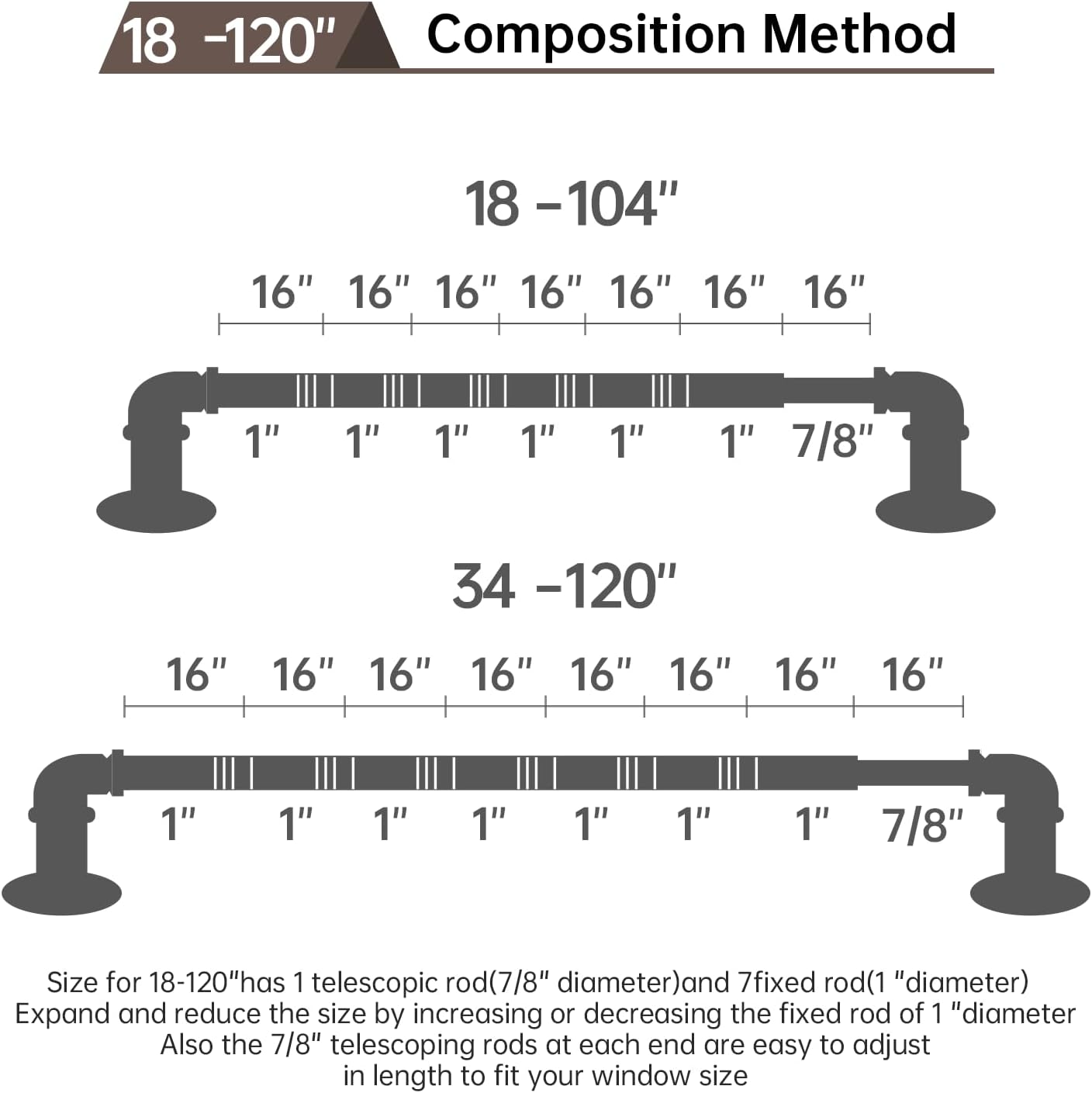 Industrial Curtain Rods 18 to 120 in,Blackout Curtain Rod,Adjustable Length,1 in Diameter Pipe,Wall or Ceiling Mounted,for Bedroom and Living Room (Coffee Gold 18” to 120”)