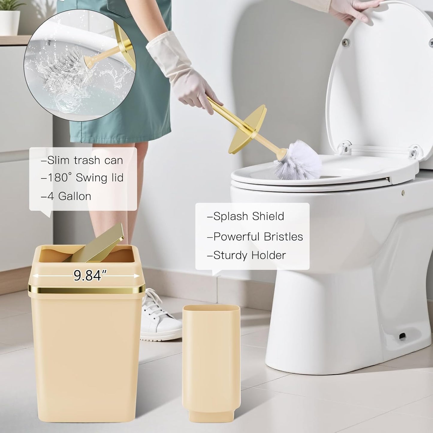 25PCS Bathroom Accessory Set, Beige Bathroom Set with Large-Capacity 4 Gallon Trash Can,Bathroom Rugs Set, Waterproof Shower Curtain, Toilet Brush, Toothbrush Holder & Soap Dispenser