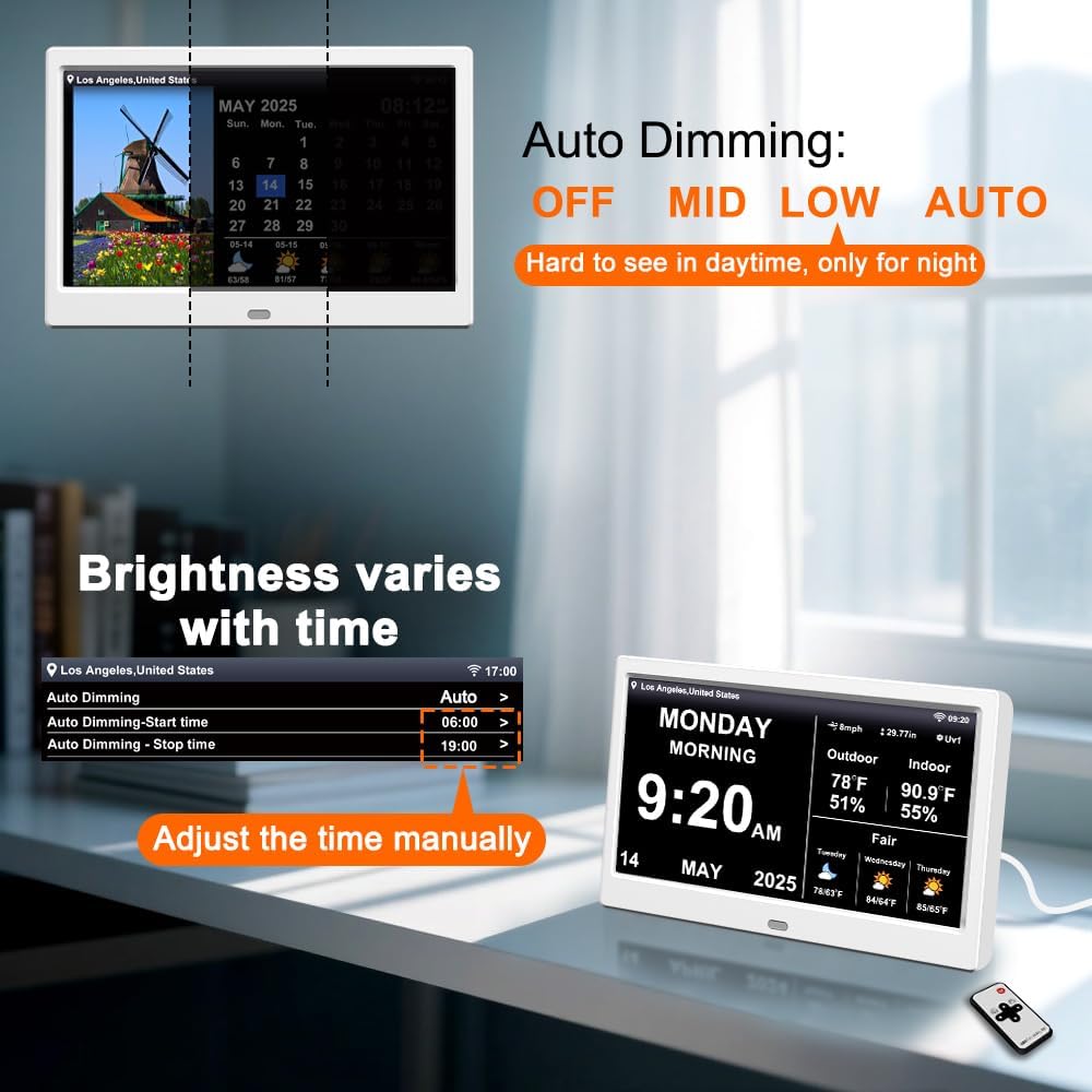 2025 Digital Clock with Weather Forecast & Temperature/Humidity Large Display,Auto Time Sync, Custom Alarms & Medication Reminders, Elderly Memory Loss (White, 10.1 Inch)