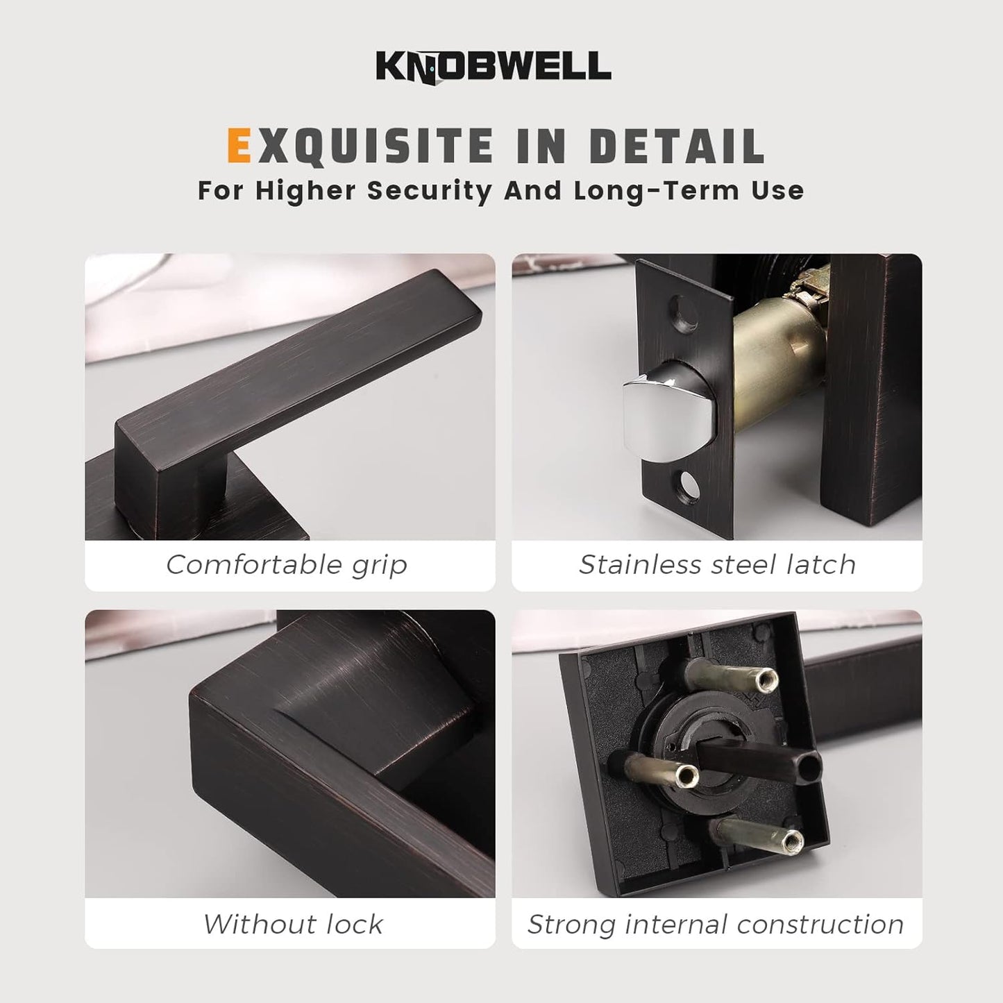 KNOBWELL 8 Pack Passage Door Handle Interior, Oil Rubbed Bronze Door Handles for Closet/Hallway Without Lock, Pull Only Square Door Knob with Levers