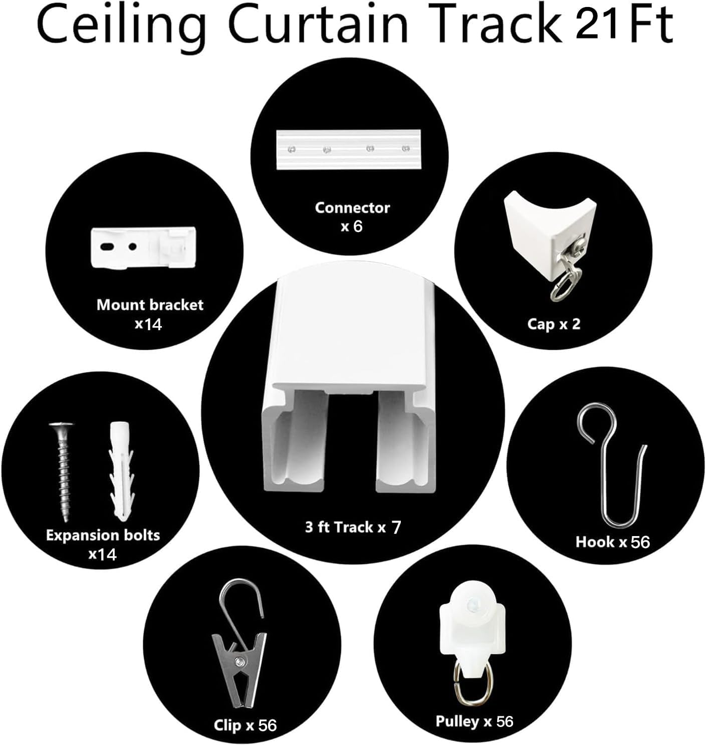 Ceiling Mount Curtains Track Room Divider Privacy Partition Separator Curtain Tracks Rods Heavy Duty RV Shower Outdoor Rail Clip Hook Set, White 3-21ft