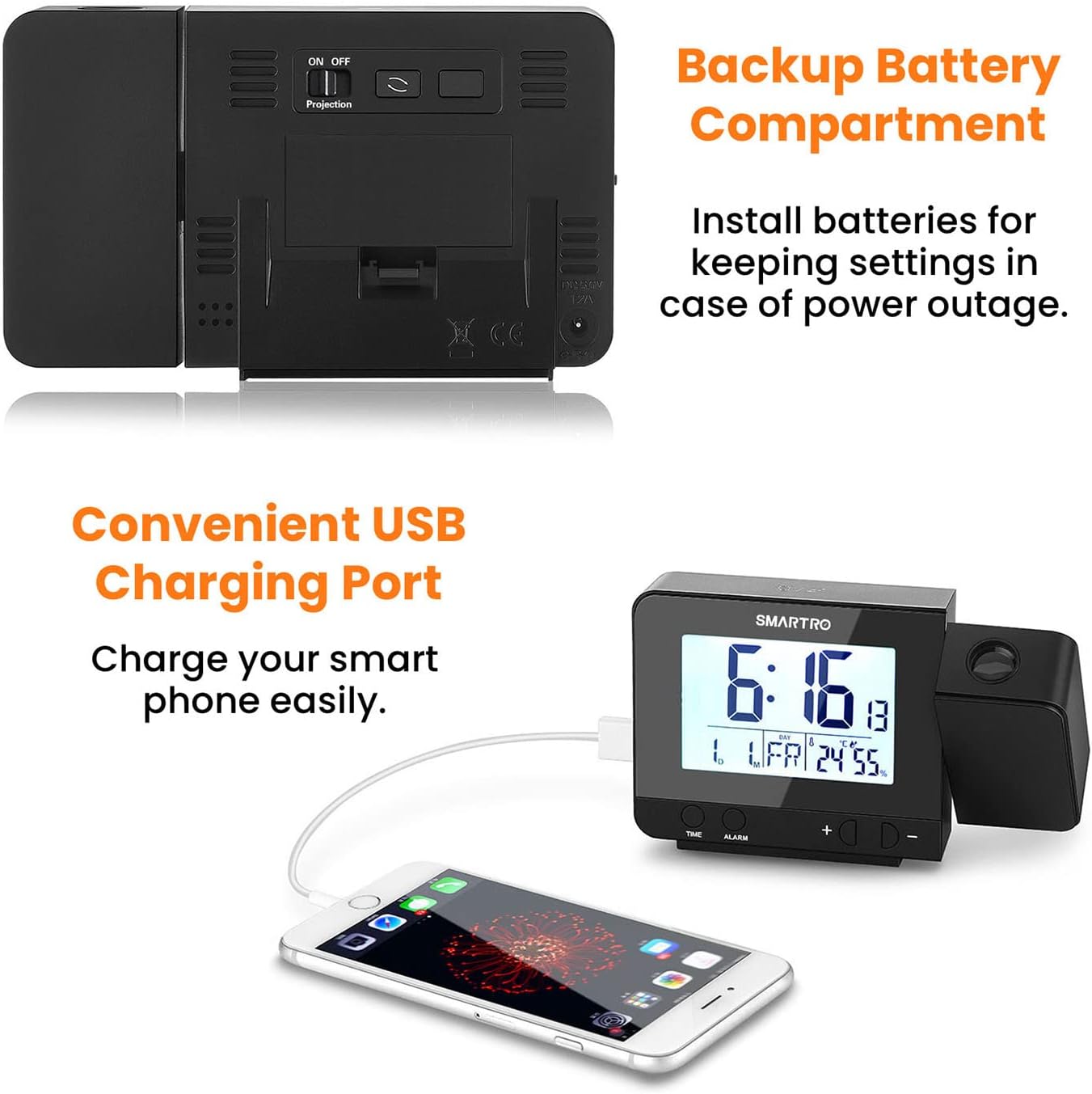 SMARTRO Digital Projection Alarm Clock for Bedrooms with Indoor Thermometer Hygrometer, USB Charger, Bedside Projector, Travel, AC and Battery Operated