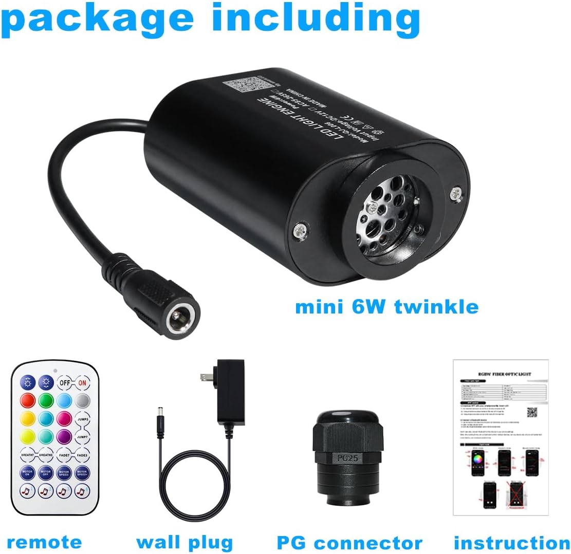 AZIMOM Mini 6W Twinkle Fiber Optic Starlight Box Sound Activated RGBW Fiber Optic Light Source APP/Remote Control Light Engine Driver for Car Home Ceiling Star Lighting Decor