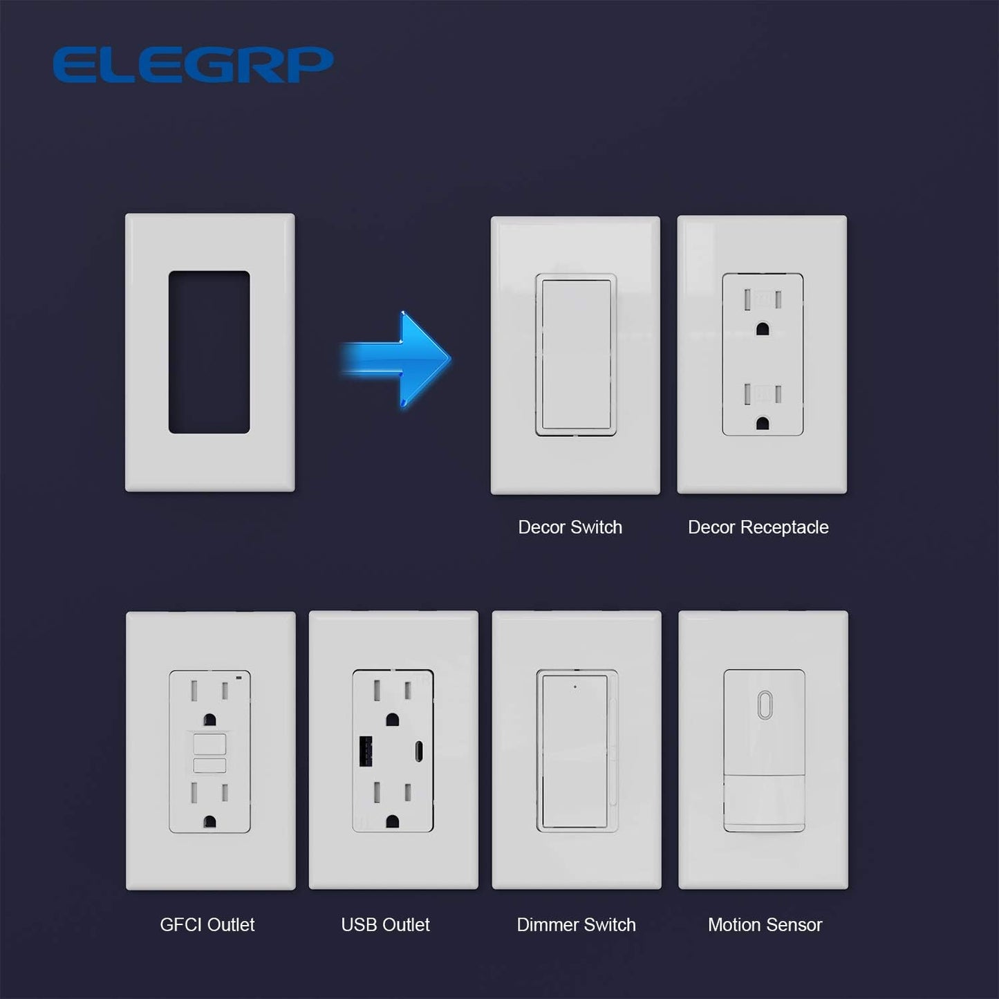 ELEGRP 1-Gang Glossy White Screwless Decorator Wall Plates, Standard Size Unbreakable Thermoplastic Faceplate Cover for Decorator Receptacle Outlet Switch, UL Listed, 5 Pack