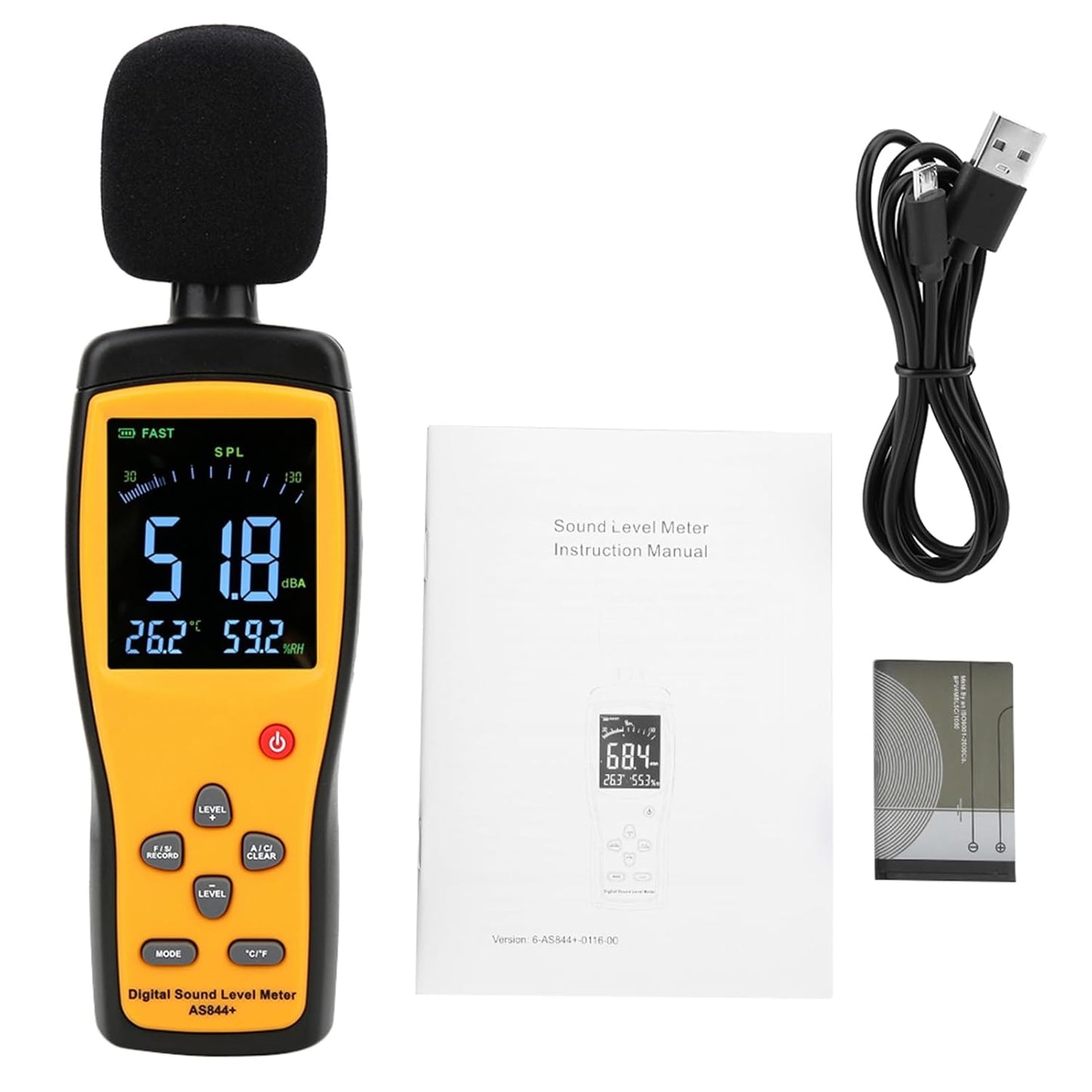 Smart Sensor AS844+ Digital Sound Level Meter Decibel Meter Noise Monitor with Data Storage USB Connection 2.7in LCD Display for Sound Level Temperature Humidity Measurement