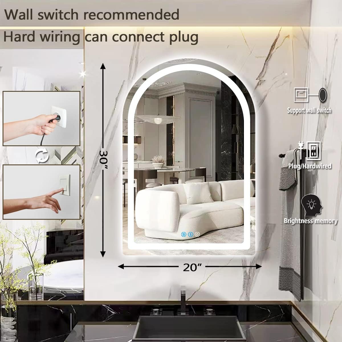 THEKLA 20 x 30 Inch LED Arched Mirror with Lights Memory 3 Color Adjustable Brightness Frontlight Arch Lighted Vanity Mirror for Bathroom Wall TableTop AntiFog 30" Bathroom Smart Arch Light up Mirrors