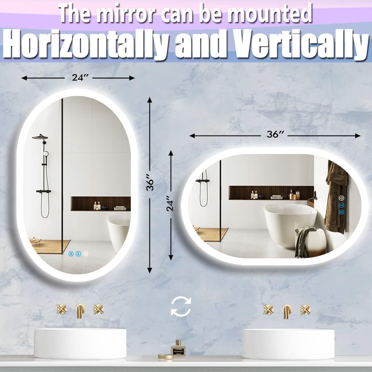 36 x 24 Inch Oval Backlit Mirror 3 Color Adjustable Brightness Backlits Oval Lighted Vanity Mirror for Bathroom Wall Horizontal Vertical Mount Antifog 36" Frameless LED Backlit Ovals Mirrors