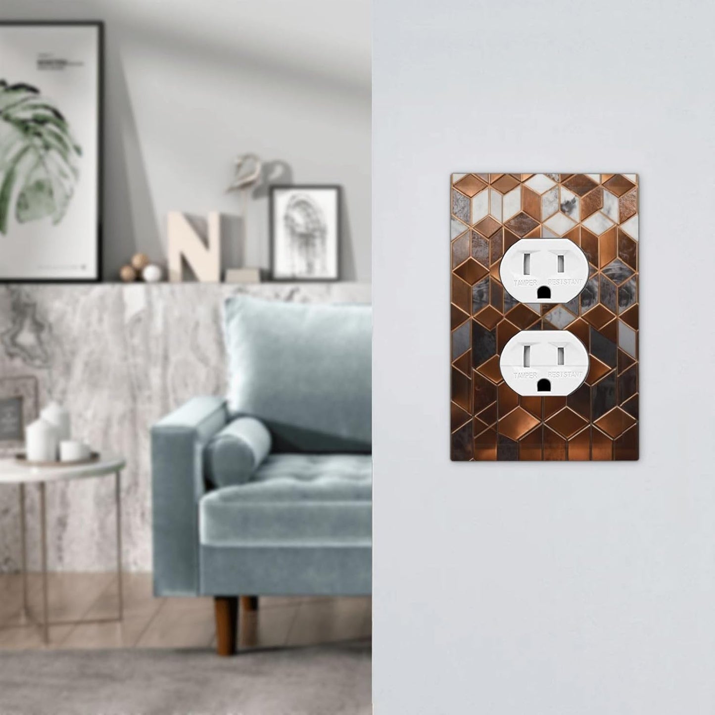 Brown Abstract Luxury Modern Geometric Cubic Marble Duplex Outlet Decorative Light Switch Covers Electrical Faceplate Switch Plates for Bathroom Kitchen Home