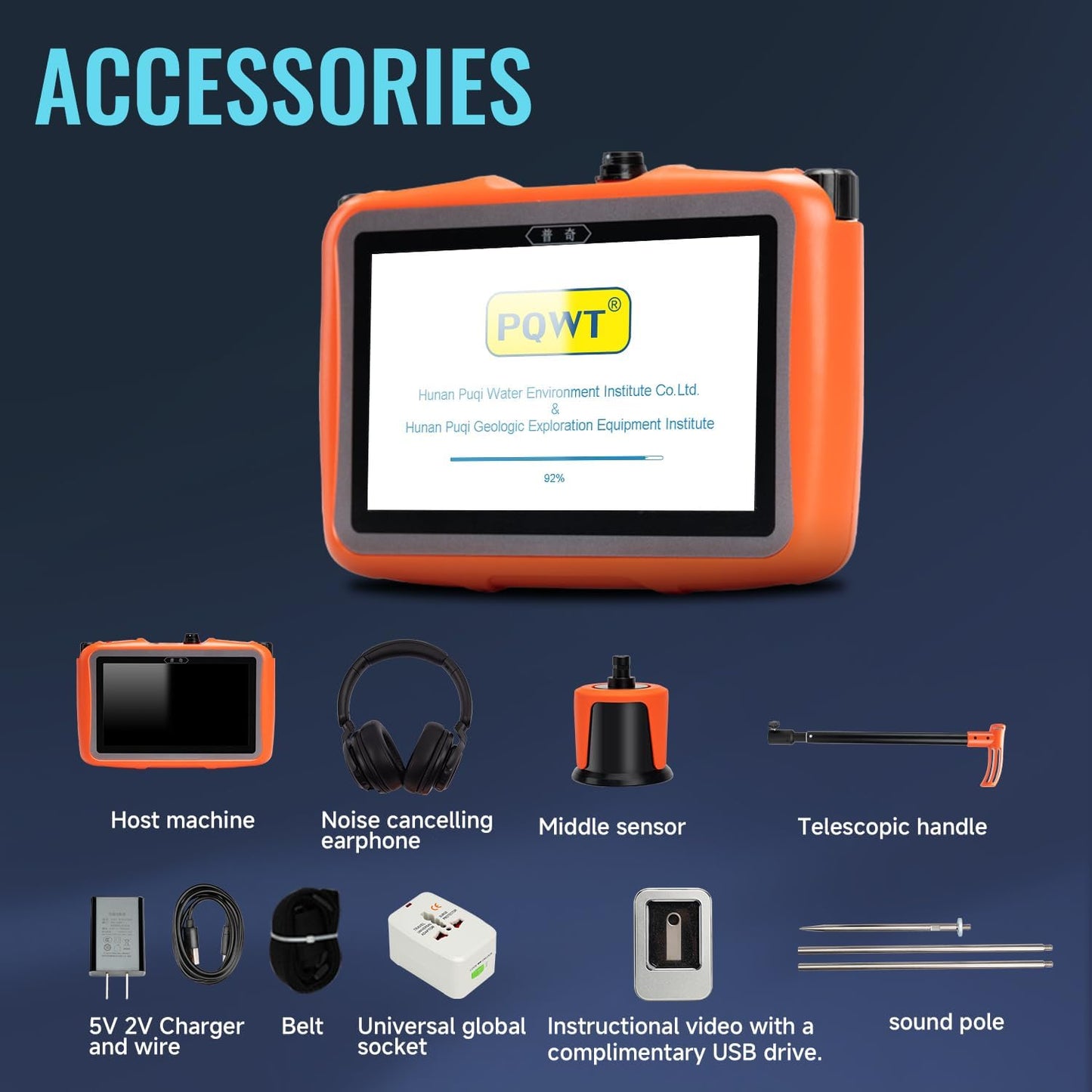 PQWT L2000 Underground Water Leak Detectors for Outdoor Wall Water Pipe Detector Machine Middle Sensor Acoustic Pipeline Leakage Detection Kit Noise Reduction Headphone Smart Touchscreen Carry Case