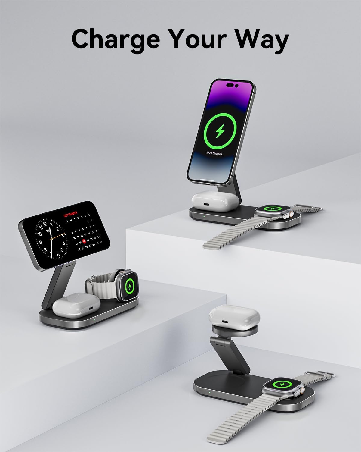 3 in 1 Wireless Charging Station for Apple Devices, Magnetic Foldable Fast Charger Stand Compatible with MagSafe for iPhone Air/17/16/15/14/13/12 Series, Apple Watch & AirPods Pro/4/3/2