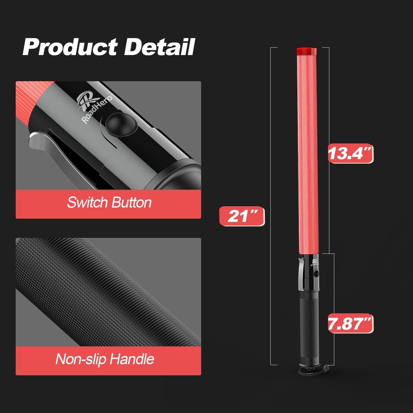 RoadHero 8 Pack Traffic Wand, 21 Inch Led Traffic Control Baton, Safety Light Wands with 2 Flashing Modes, Air Marshaling Signal Wand with Side Clip for Airport, Parking, Car Directing
