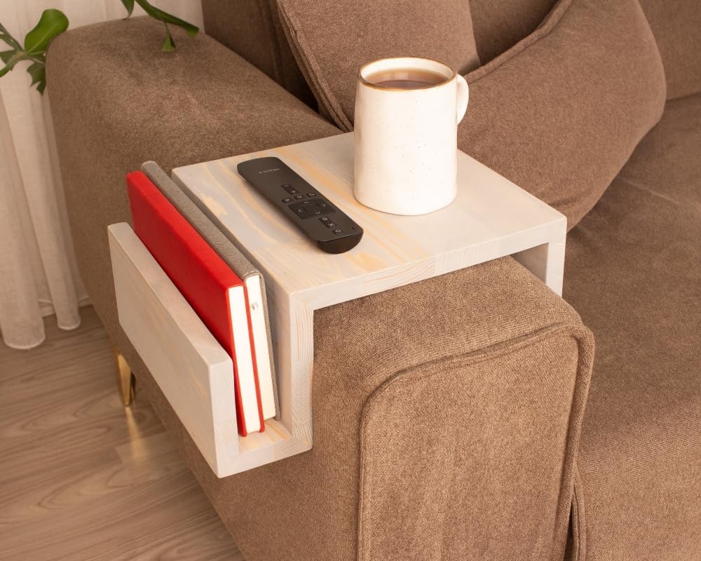Wooden Couch Arm Tray – Sofa Armrest Table with Book & Magazine Holder, Perfect for Coffee & Remote Control, Solid Wood (Istanbul)