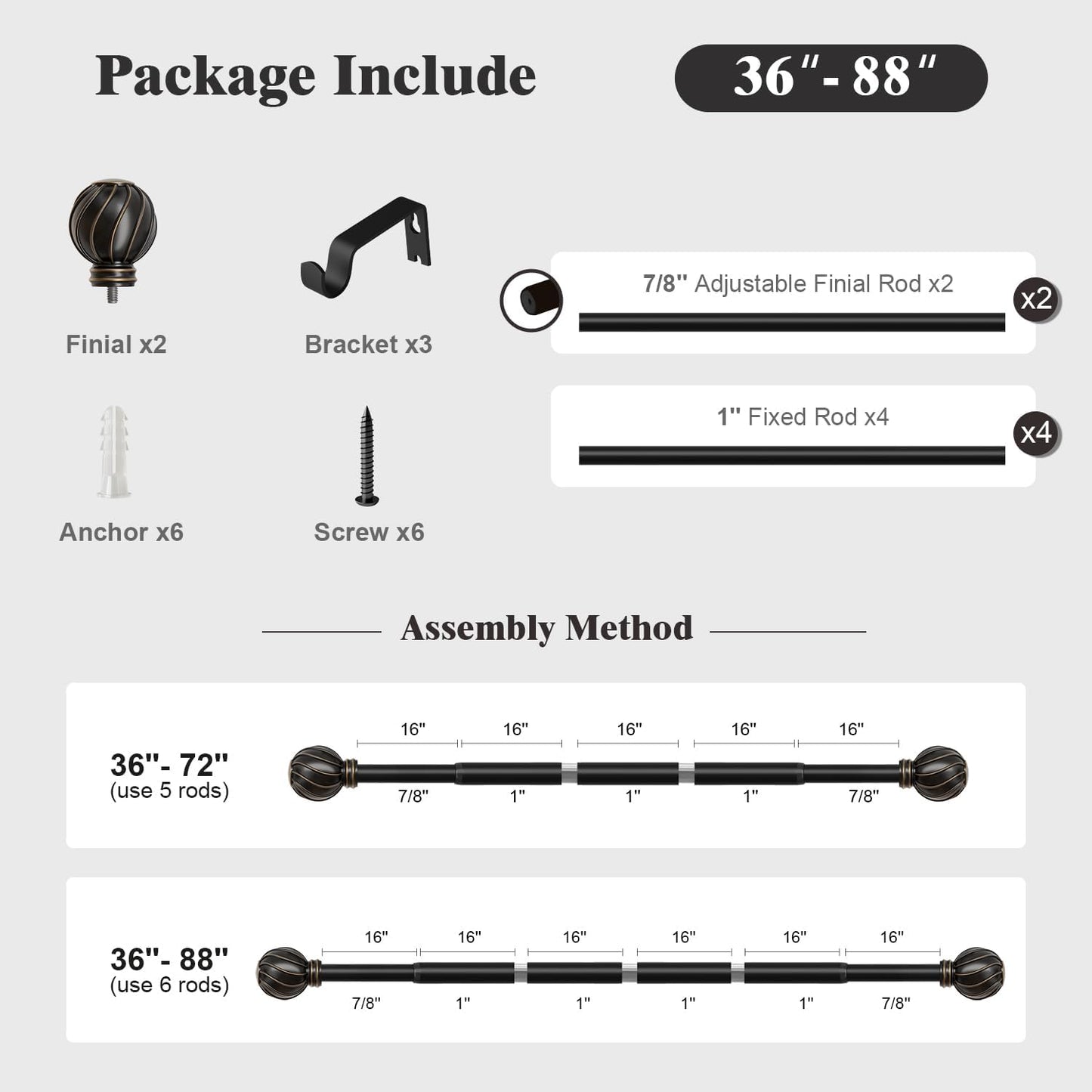 Oneach Black Curtain Rods for Windows 48 to 84 Inch, 7/8" Adjustable Heavy Duty Decorative Drapery Rods with Round Netted Texture Finials (Pack of 1, 36 to 88 Inch)