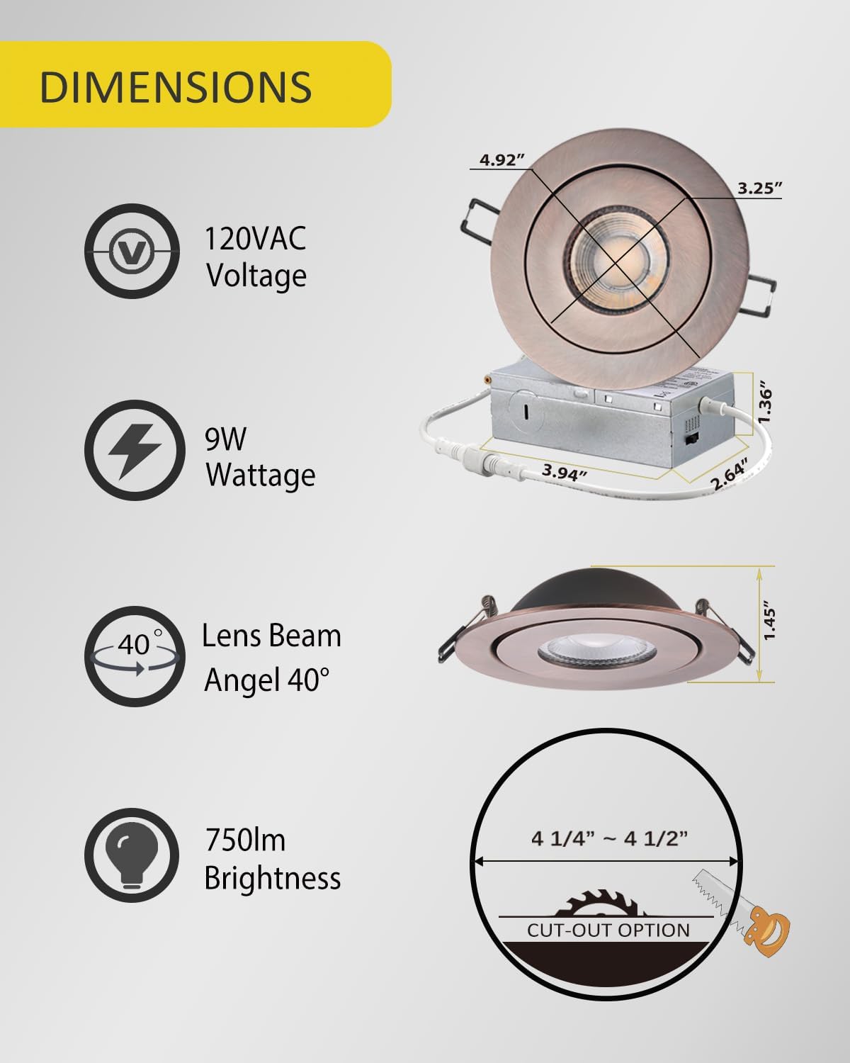 Canless Gimbal LED 4-inch - Swivel 90° tilt 360° Rotation Adjustable 6PACK 4" dimmable Eyeball LED Wafer recessed retrofit Ceiling Spotlight Can Light Oil Rubbed Bronze 4 inch 6 Pack