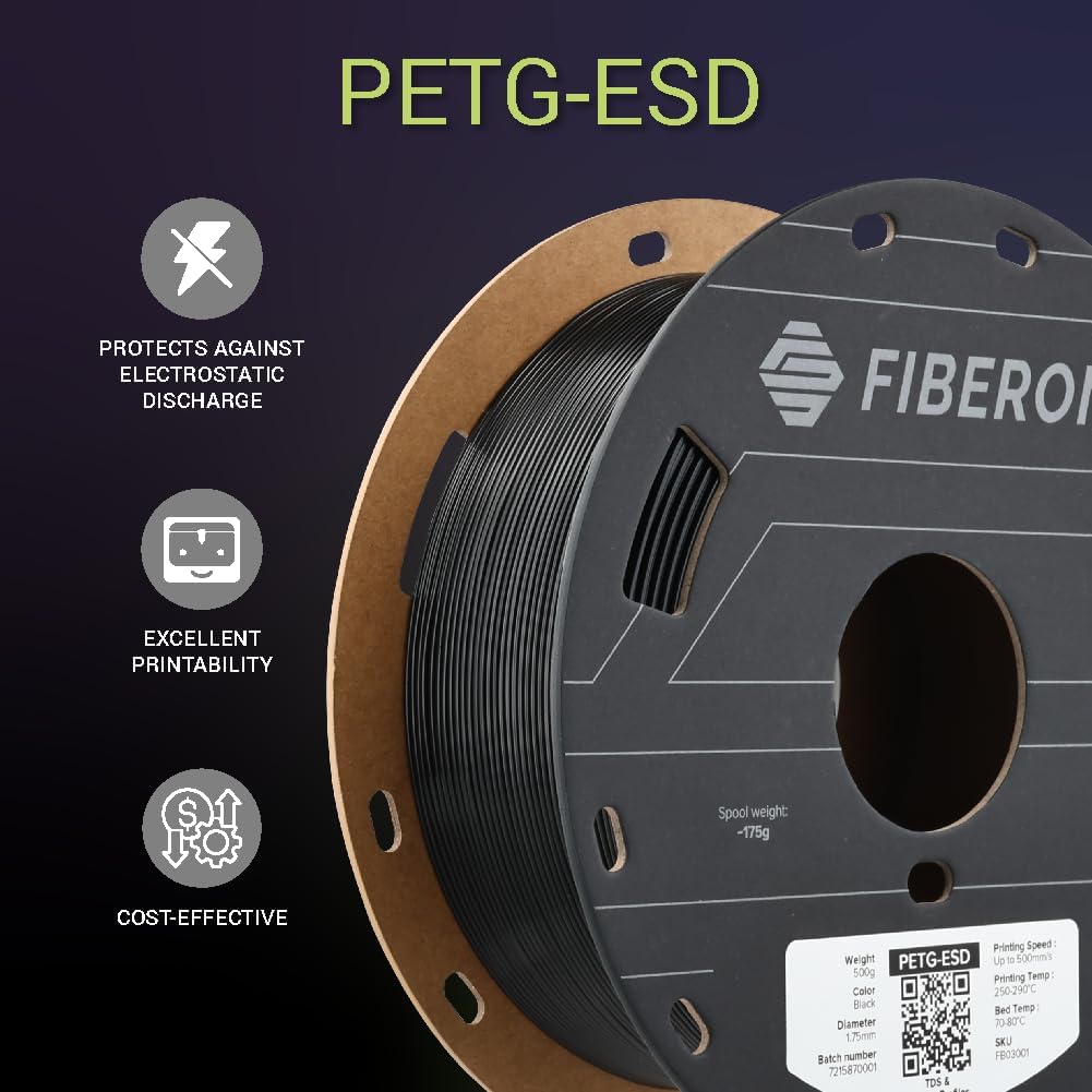 Polymaker Fiberon PETG-ESD Filament 1.75mm Black 0.5kg – Electrostatic Discharge Safe, Tough PETG 3D Printer Filament for Electronics Industry