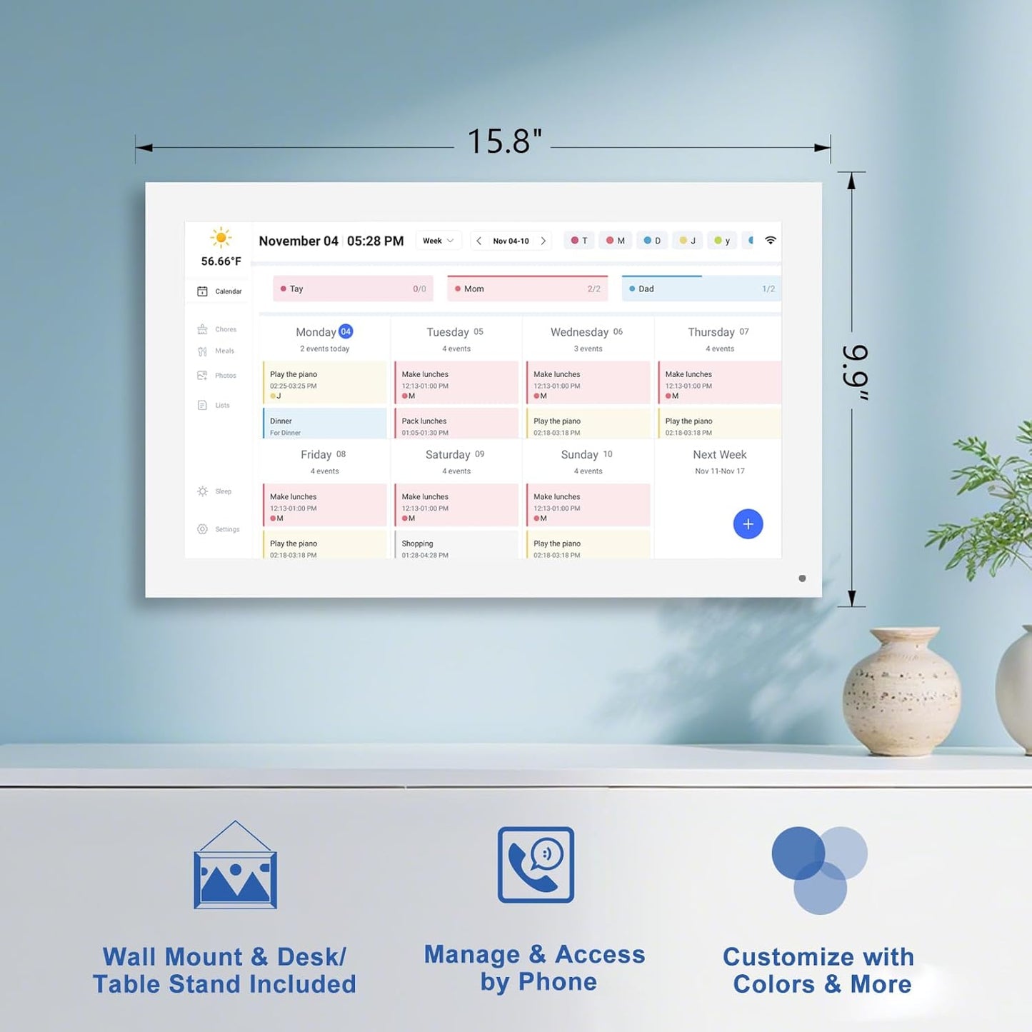 15.6 inch Digital Wall Calendar Touchscreen, Chore Chart, IPS FHD,Wall Planner, Smart Family Schedules, Wall Mount Included,Auto-Rotate, Wall Organizer, Children's or parents' birthdays, Christmas