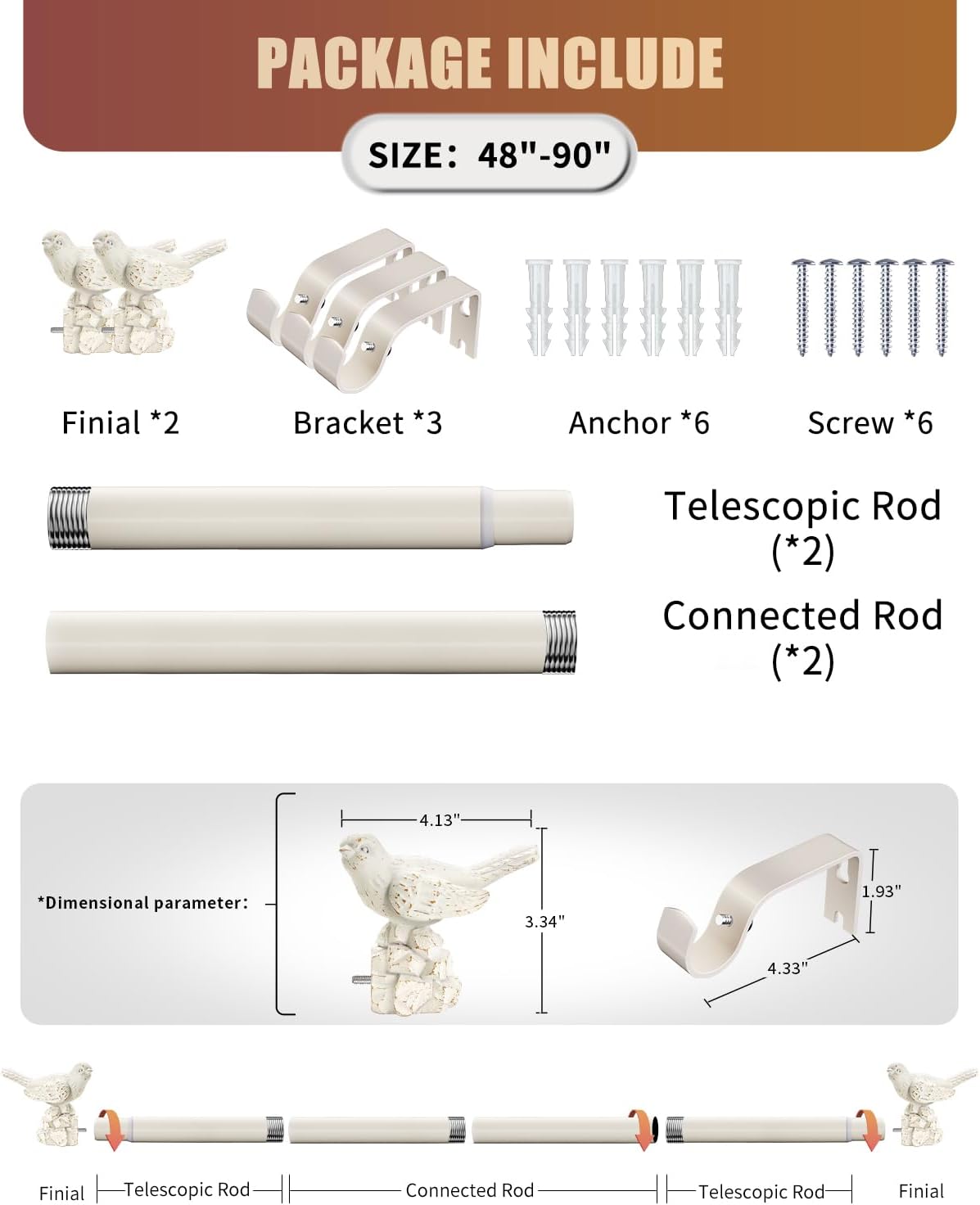 White Curtain Rod 48 to 90 Inches Curtain Rods for Windows Adjustable Heavy Duty Drapery Rod with Bird Finials for Kitchen Window Living Room