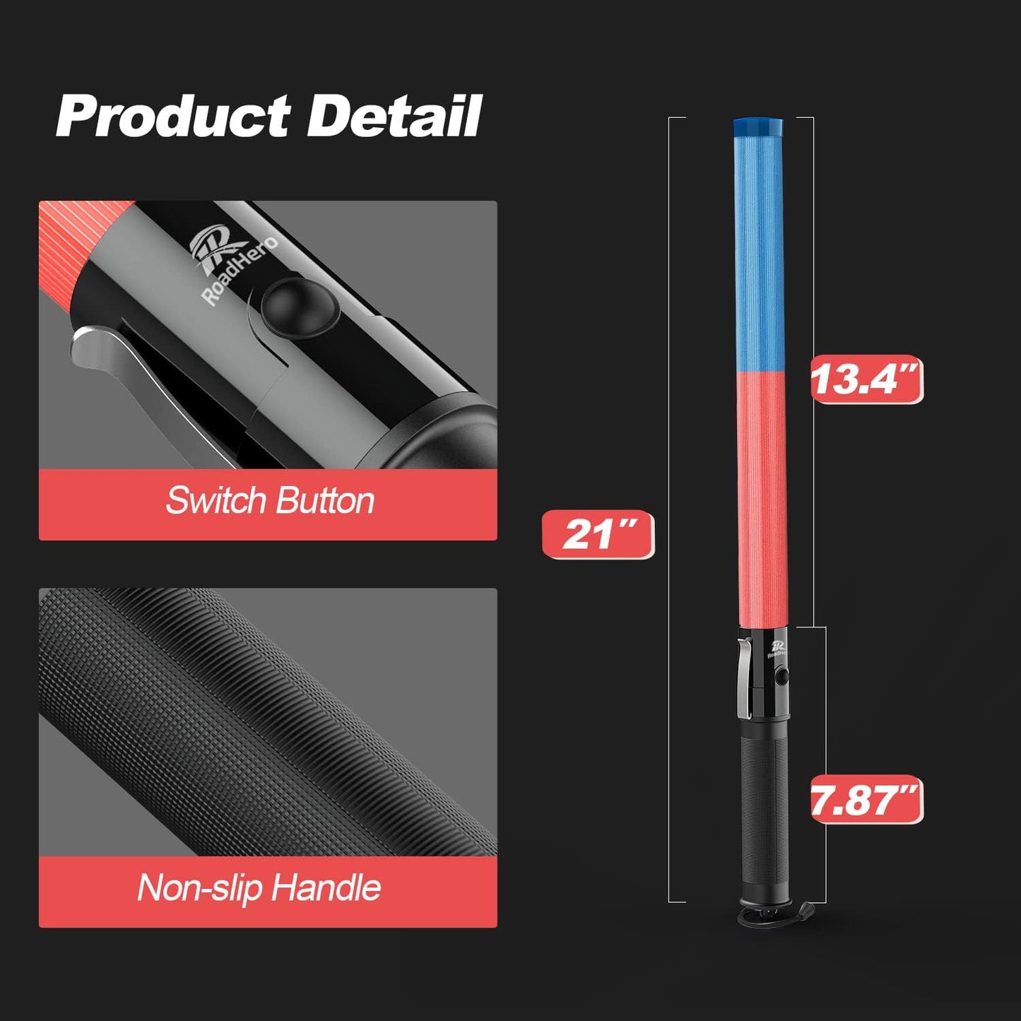 RoadHero Traffic Control Wand - 21 Inch, Red & Blue, 3 Flashing Modes, Air Marshaling Signal Wand with Side Clip for Airport, Parking, Car Directing