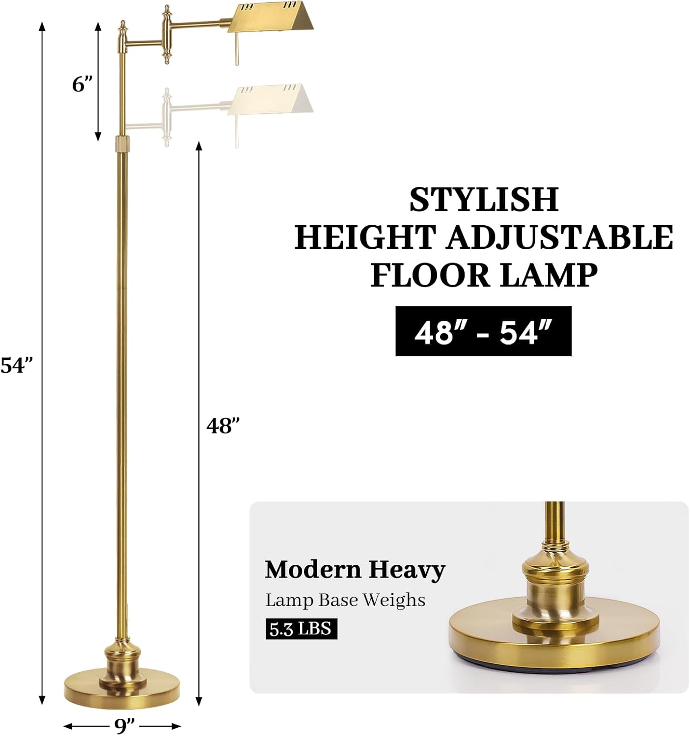 Dimmable Pharmacy Floor Lamp with Remote, 15W Gold LED Reading Floor Lamp with 360°Swing Arm, 3 Color Temperature, Height Adjustable Standing Task Lamp for Living Room, Bedroom, Office, Antique Brass