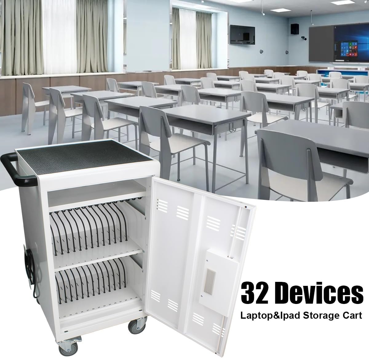 Laptop Charging Cart, 30 Laptop Storage Cart, Electronic Combination Lock,Mobile Charging Cabinet for iPads up to 16.3", Chromebook Devices, Cord Management.School,Business.White