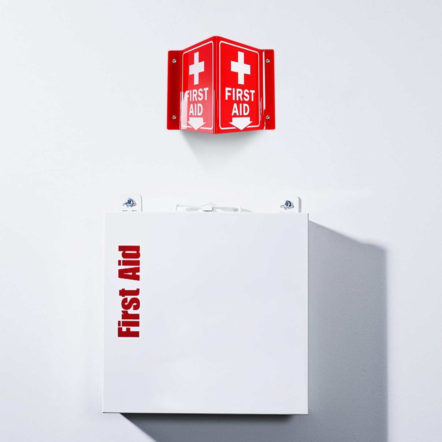 Faittoo First Aid Sign, 3 Pack First Aid with Cross Symbol - 6 x 8 Inches V-Shaped Acrylic Plastic, 4 Pre-Drilled Holes, Includes Matching Screws, Use for Home Office/Business
