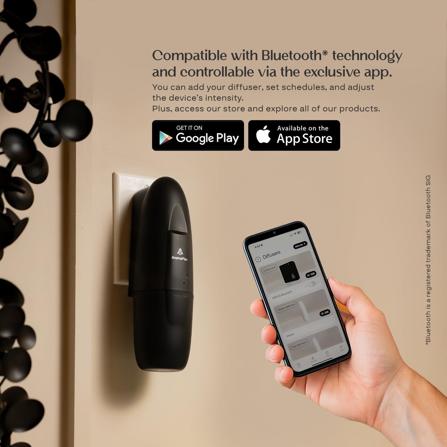 AromaPlan 5 Star Collection Plug in Diffuser (2 Fragrances Included)-Cold Air & Waterless Diffusers for Home & Office- Silent Wall Diffuser Plug in, Bluetooth App Control, 1000 sq. ft (Black)