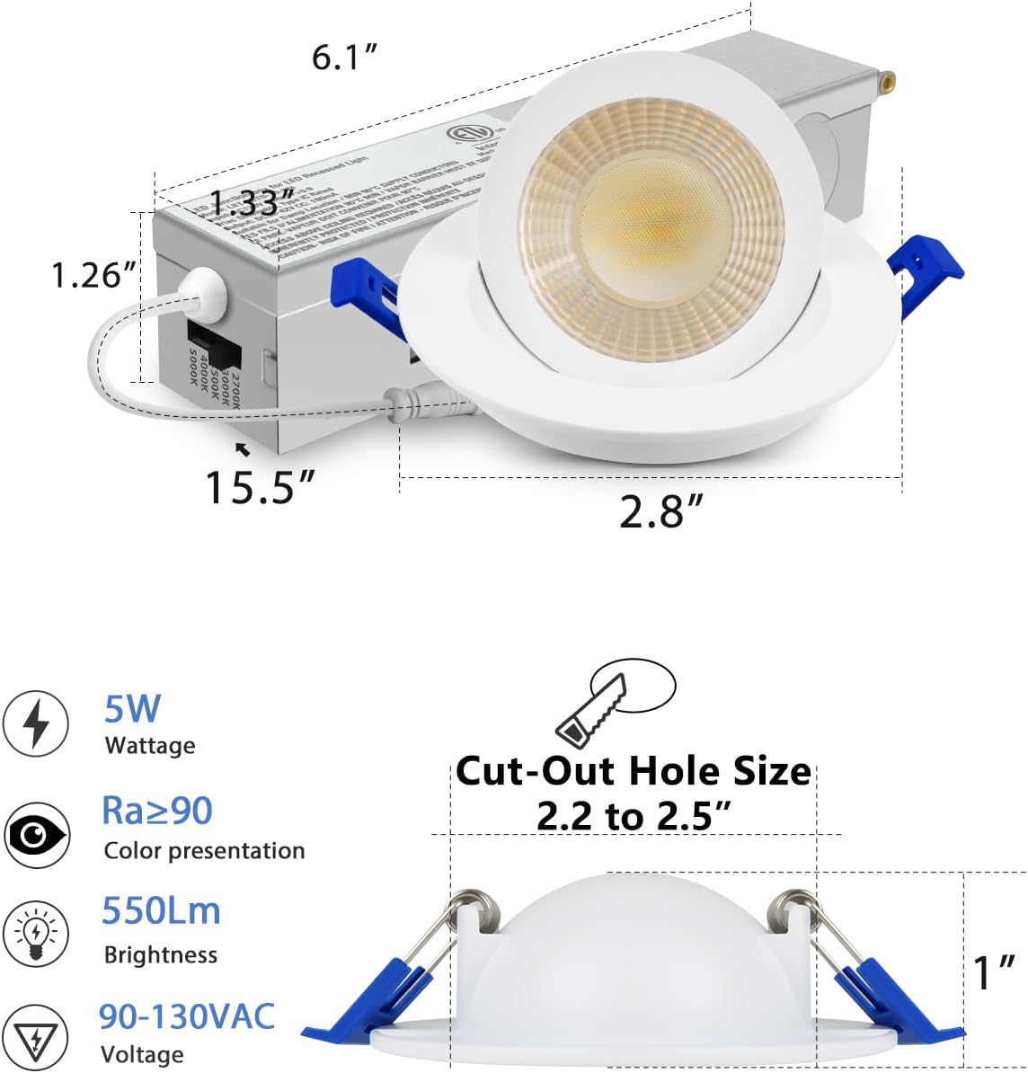 Adetu 2 Inch 5CCT Gimbal Led Recessed Lighting with Junction Box, 360°+90° Adjustable Recessed Can Lights, 2700K/3000K/3500K/4000K/5000K Selectable, 5W Eqv 50W, 550LM Brightness - ETL (White, 1 Pack)