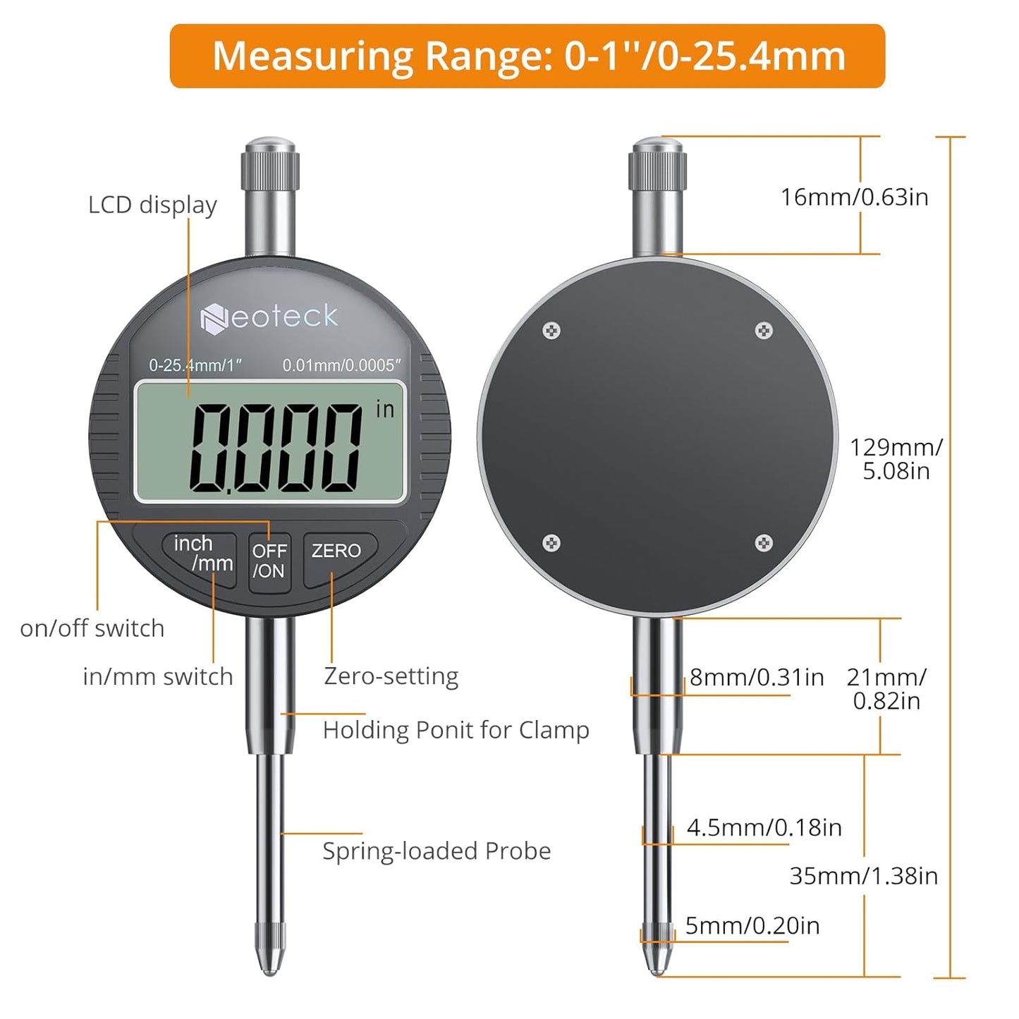 Neoteck 0-1”/0.0005" Digital Dial Indicator Gauge and 132 lbs (60kg) Max Pull Magnetic Base,Digital Dial Indicator Set with Inch/Metric Conversion for 3D Printer and CNC Machine-Black