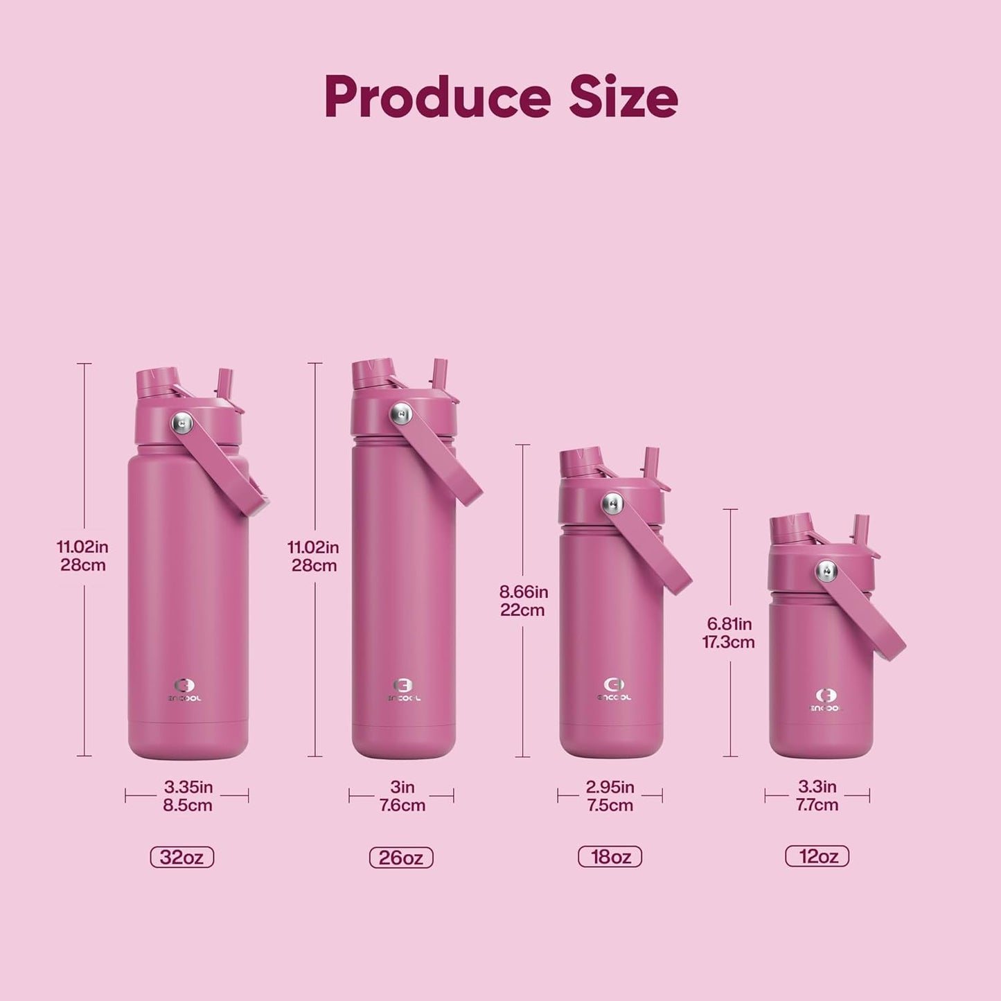 ENCOOL Insulated Water Bottle with Straw Stainless Steel Water Bottle, Leak-Proof, BPA-Free, Double Wall Vacuum Keeps Cold for 24 Hours for Sports, Travel, School (32 oz, Turkish Rose)
