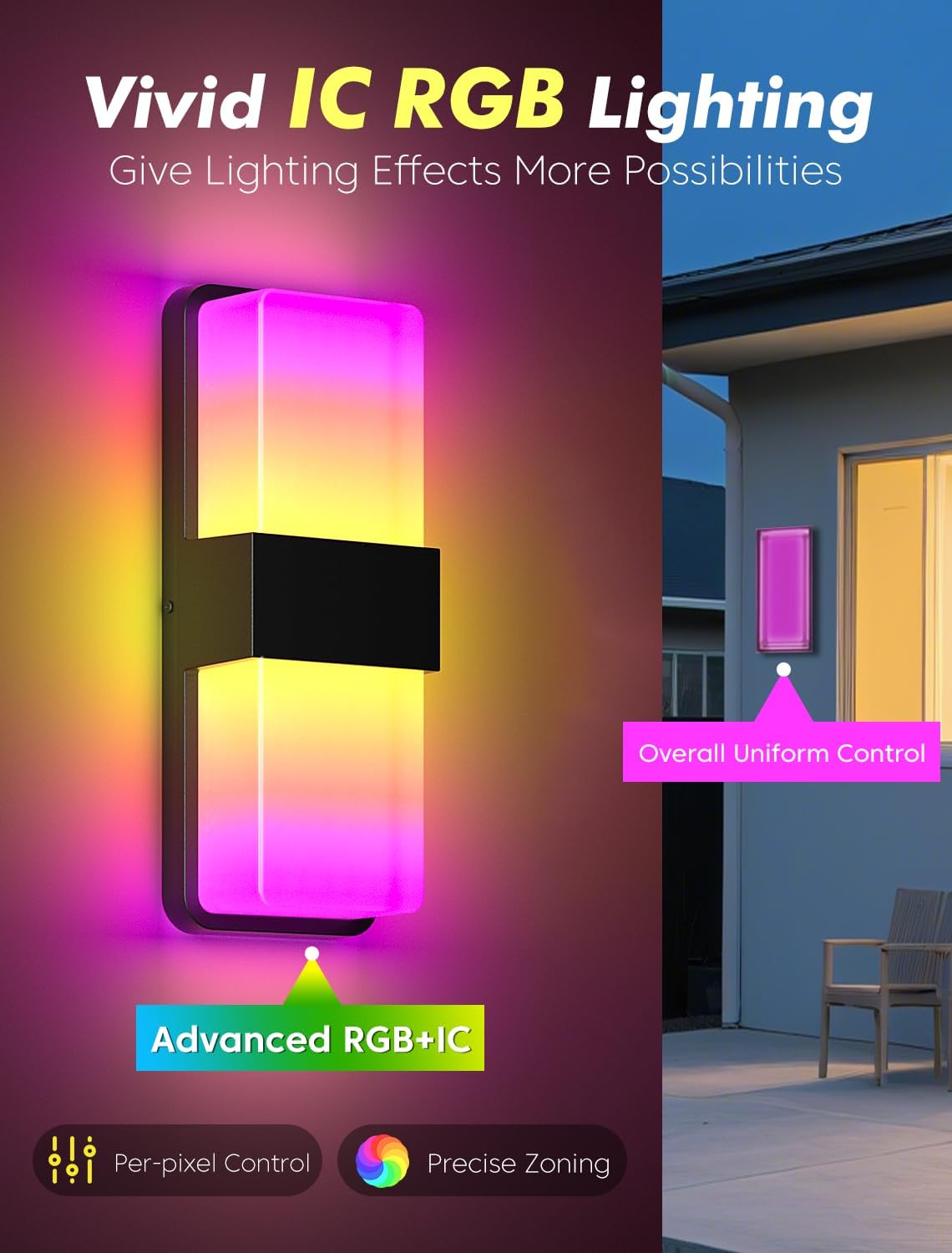 Outdoor Wall Lights, RGBCW Smart LED Lamp, Color Changing Front Door Sconce, Porch Lights Outdoor Light Fixture,12in Exterior Wall Sconces, Remote & Wi-Fi Control, IP65 Waterproof, 2 Pack