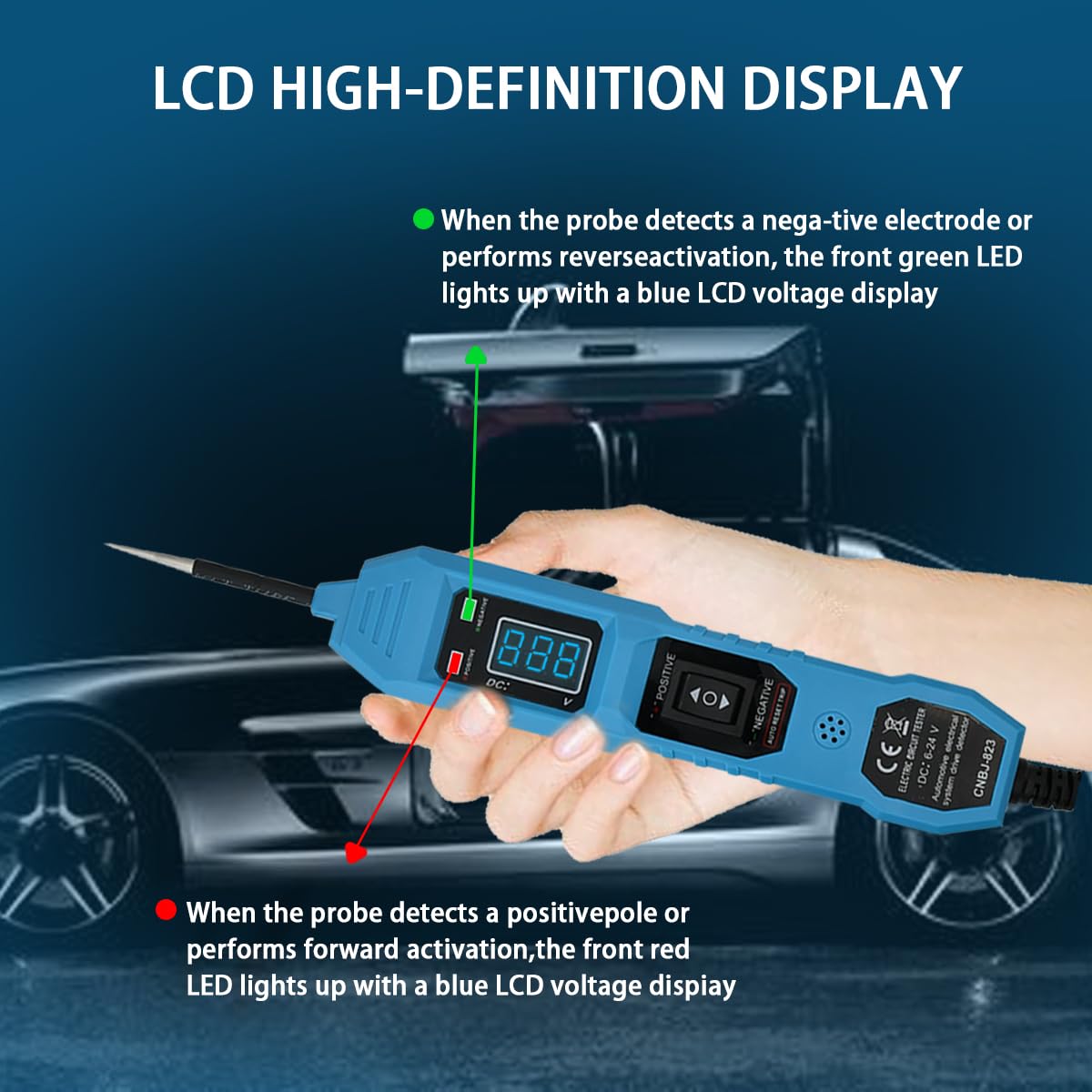 Power Circuit Tester, 6-24V DC Test Light Short Circuit, Automotive Component Electrical Polarity Identify Continuity Tester, Overload Protection