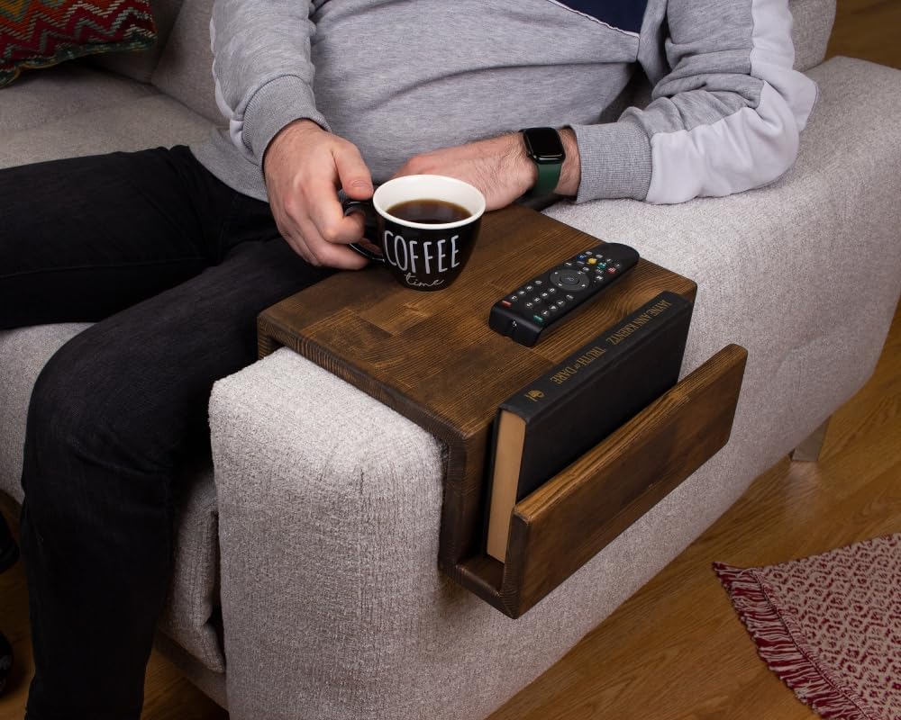 Wooden Couch Arm Tray – Sofa Armrest Table with Book & Magazine Holder, Perfect for Coffee & Remote Control, Solid Wood (Vancouver)