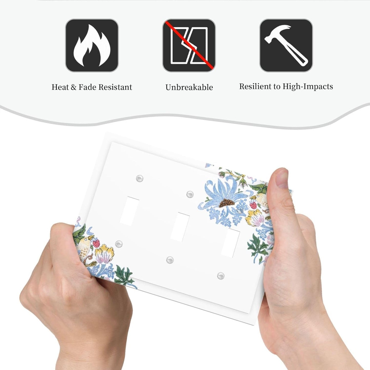 Decorative Light Switch Cover Plate Retro Morris Strawberry Rustic Plant Bird 3 Gang Wall Plate Oversized Triple Toggle Switch Cover Plate Jumbo Faceplate for Bedroom Decor