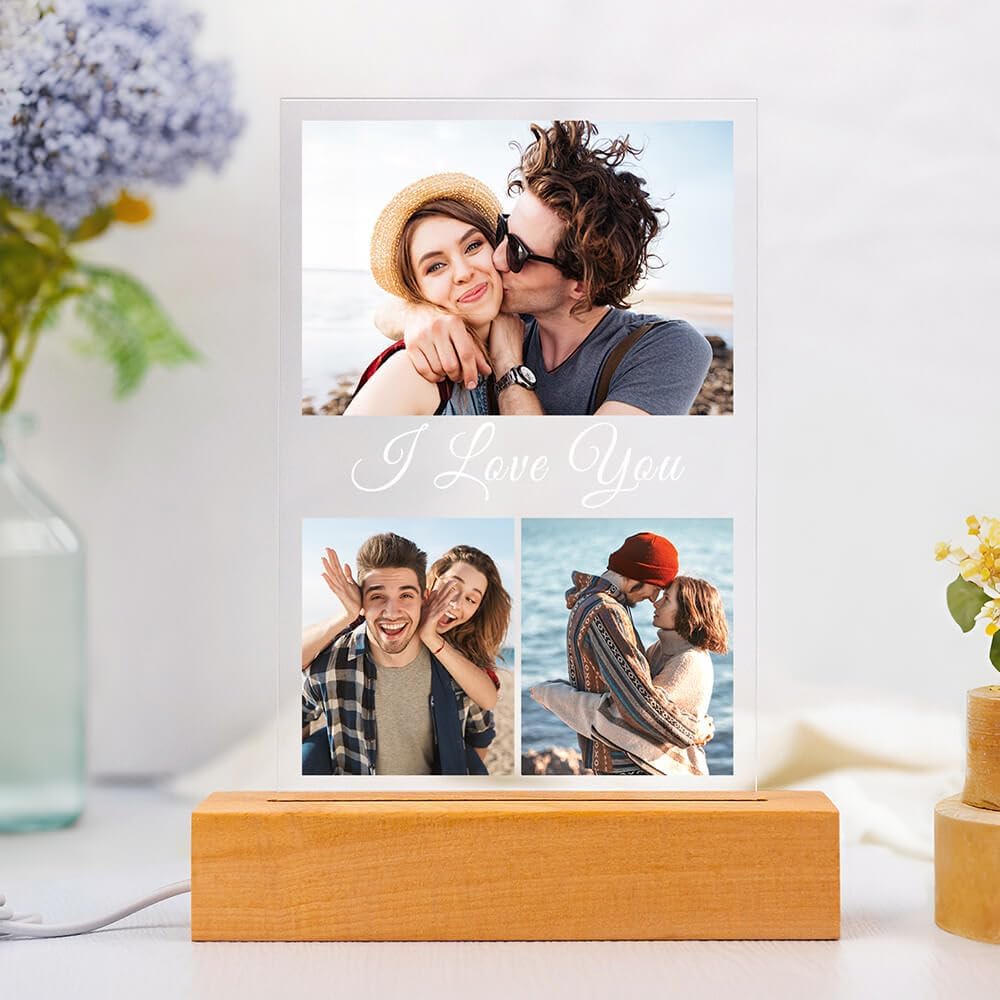 Custom Picture Frame with Photo, Personalized Photo Frames with Night Light, Customized Picture Frames, Personalized Valentines Day Gifts for Her Him Women Men Girlfriend Boyfriend Couple