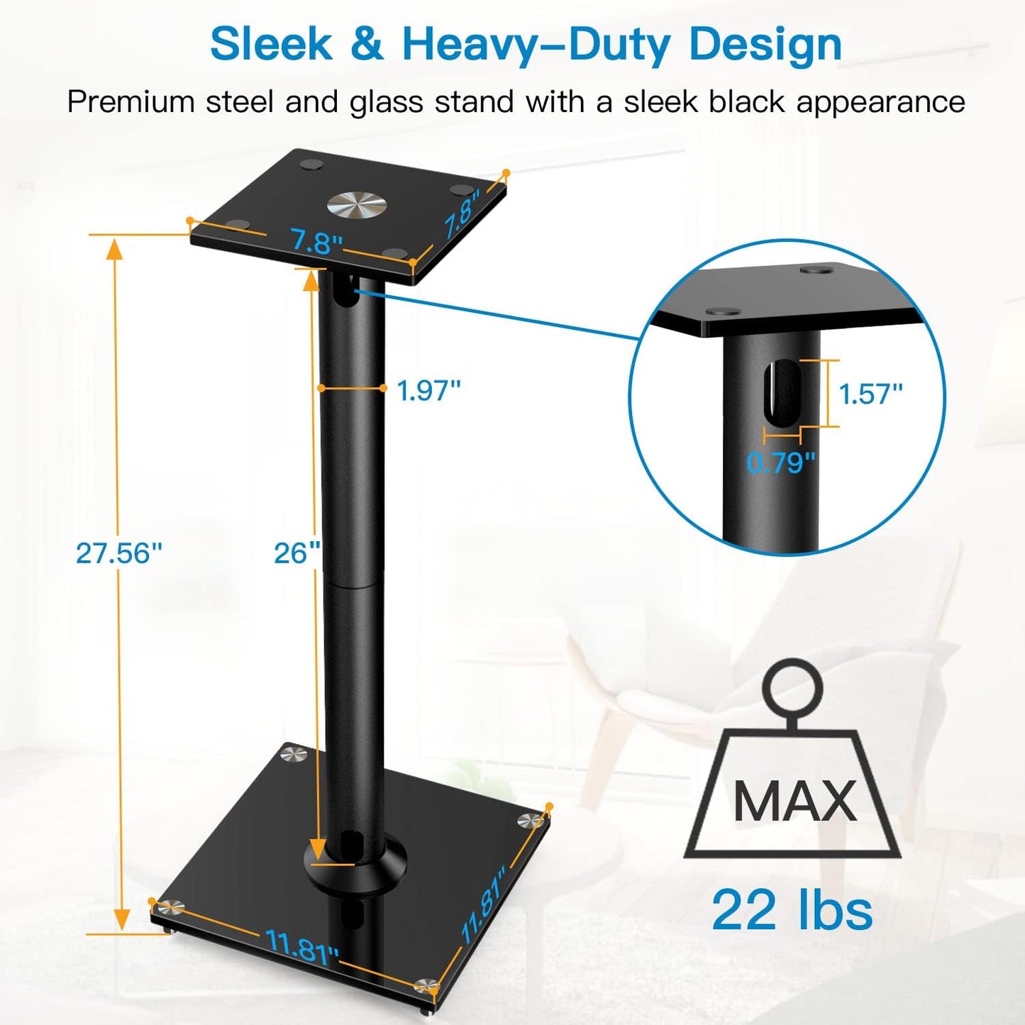PERLESMITH Universal Floor Speaker Stands for Surround Sound up to 22LB, 27.56 Inch Bookshelf Speaker Stand for Klipsch, Polk, Yamaha & Other Large Satellite, Bookshelf Speakers, Studio Monitors,1 P