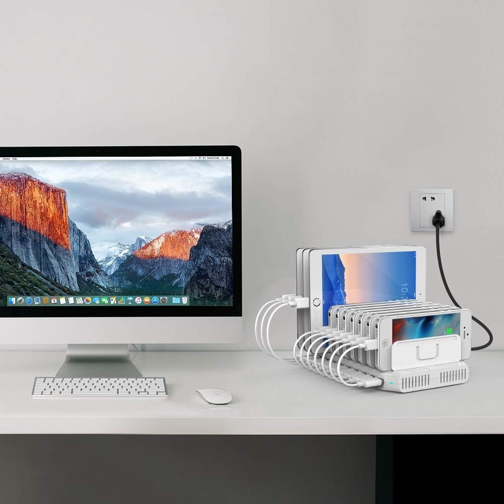 Alxum iPad Charging Station, 96W 10 Port USB Charging Station for Tablet and More Multi Devices Organizer with Detachable Dividers, White