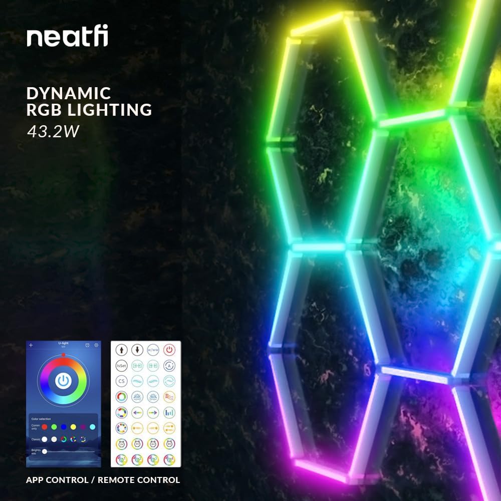 Neatfi LED Hexagon Garage Lights, 43.2W, Honeycomb Ceiling Light for Auto Shops, Car Detailing, Workshop, Gym, Basement, Warehouse, Barber Shop and Beauty Salons (5 Hex Grids, RGB)