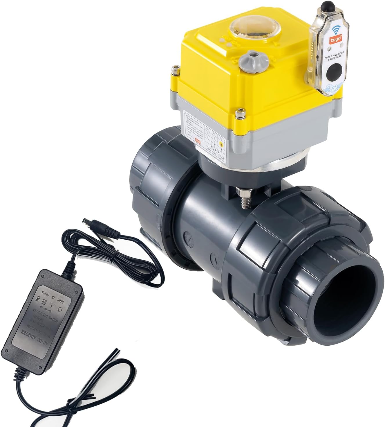 Smart electric valve 1 inch PVC joint ball valve Tuya APP smart wifi water cut-off valve DC24V AC110V-230V power adapter and power-off automatic return setting. Smart timing water valve DN25MM