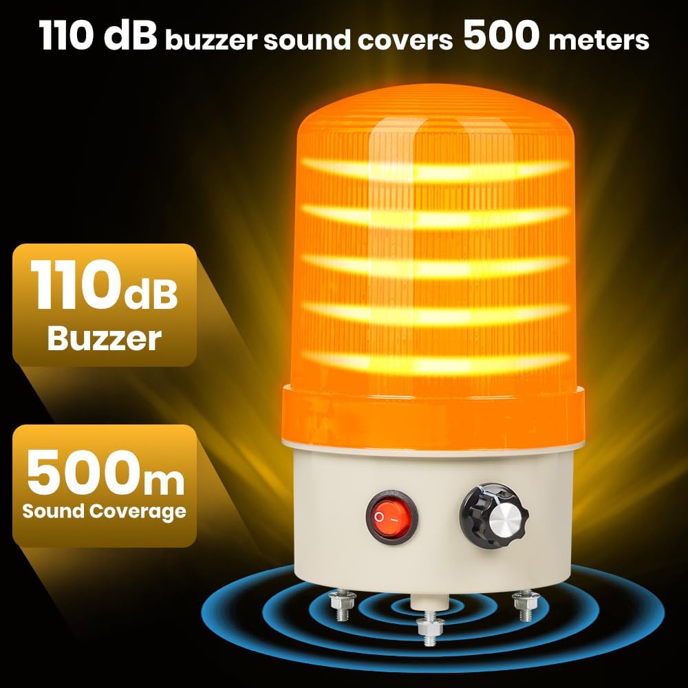 Industrial LED Rotating Warning Light, AC110V Beacon Strobe for Public Emergency Alarms, Siren Light with Volume Adjustment and Switch for Construction, Traffic, Factory, Safety Sign, Boat