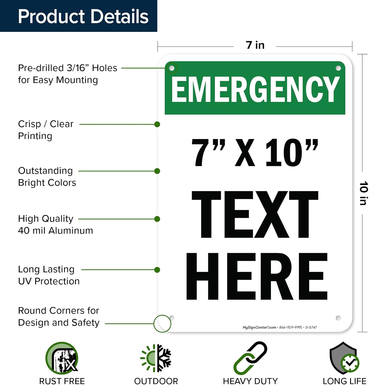 Custom Emergency Sign, OSHA Sign, 7x10 Inches, Rust Free .040 Aluminum, Fade Resistant, Made in USA by My Sign Center
