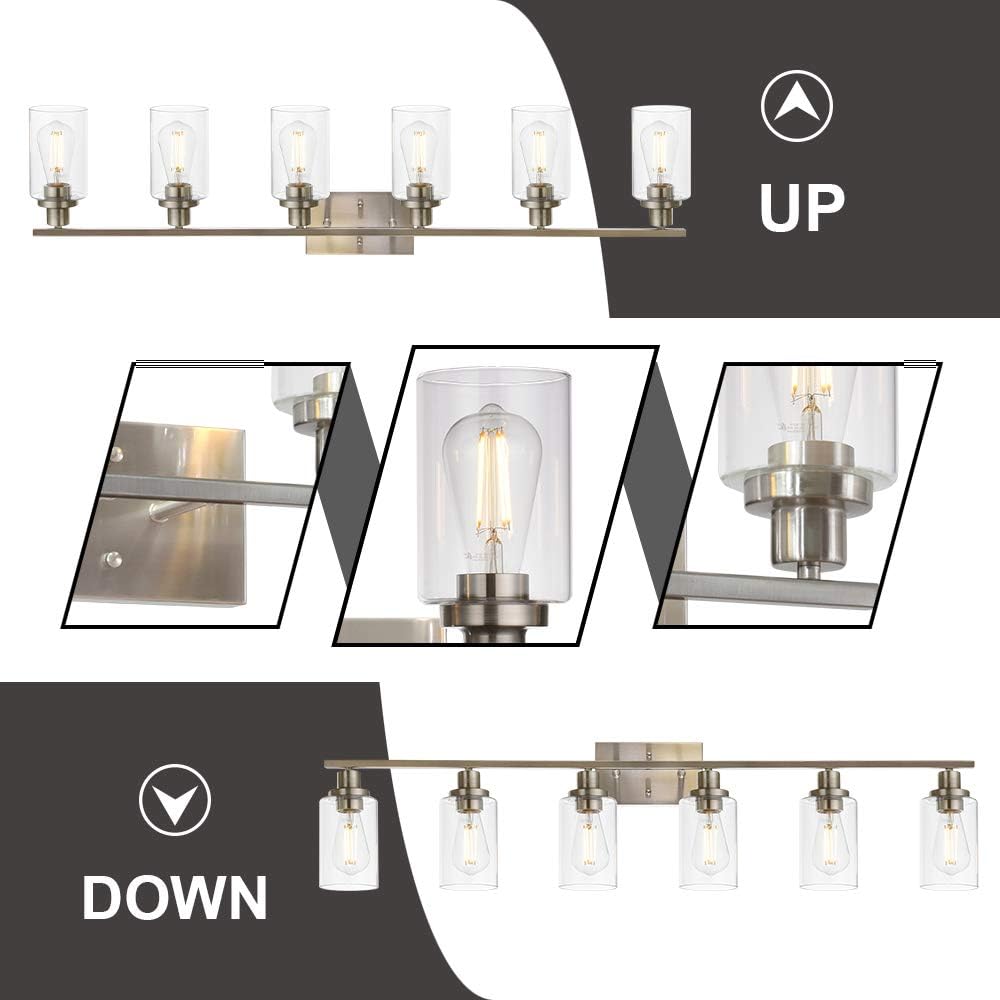 MELUCEE Modern Bathroom Vanity Light Fixtures 6-Light Brushed Nickel Contemporary Wall Light with Glass Shade for Kitchen Living Room Bedroom (Patent No.: US D963914 S)