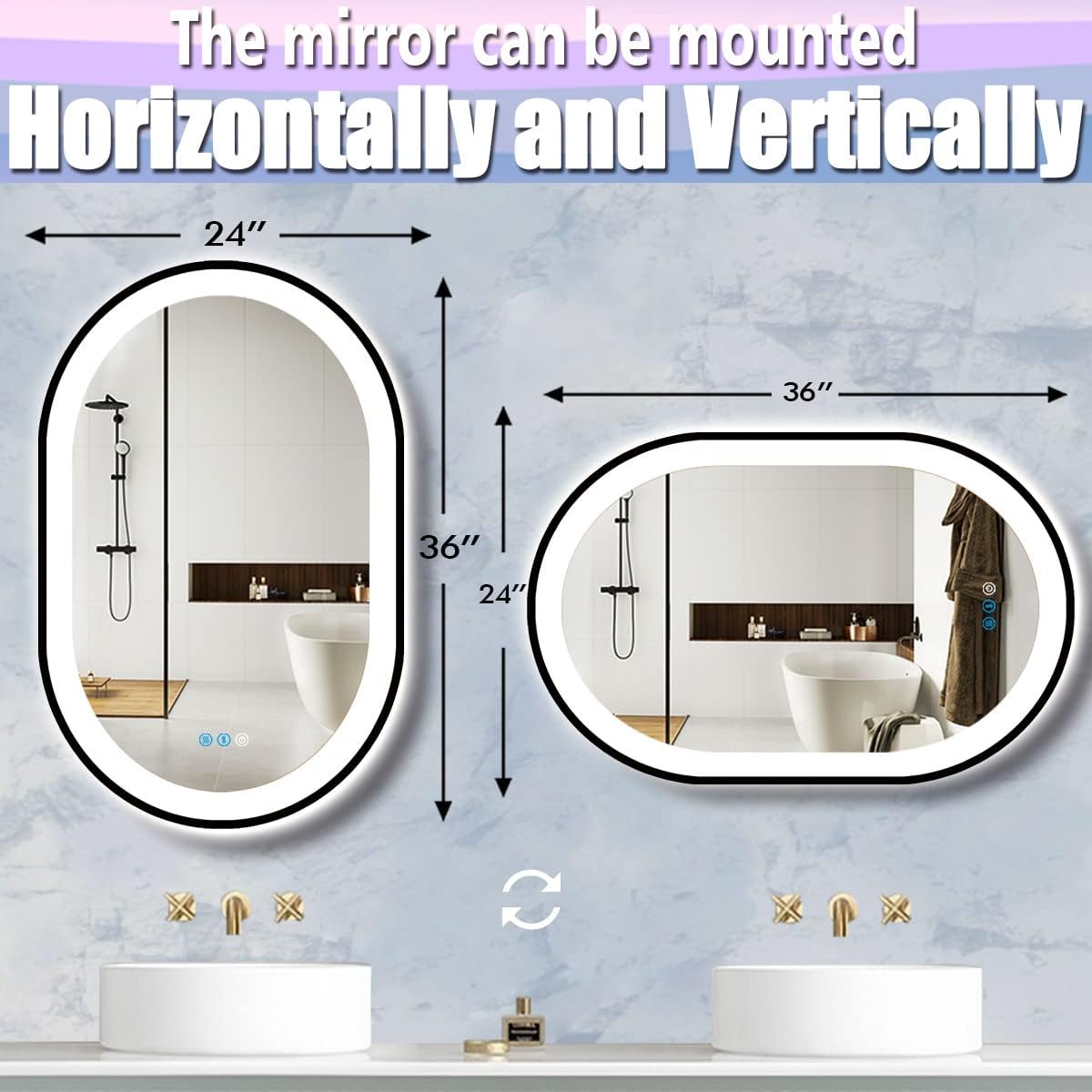 36 x 24 Inch Black Oval LED Mirror for Bathroom Salon Wall Horizontal/Vertical Mounted 36 Inch Black Frame Oval Lighted Mirror with Lights Smart Memory 3 Color Dimmable Front Lights Antifog