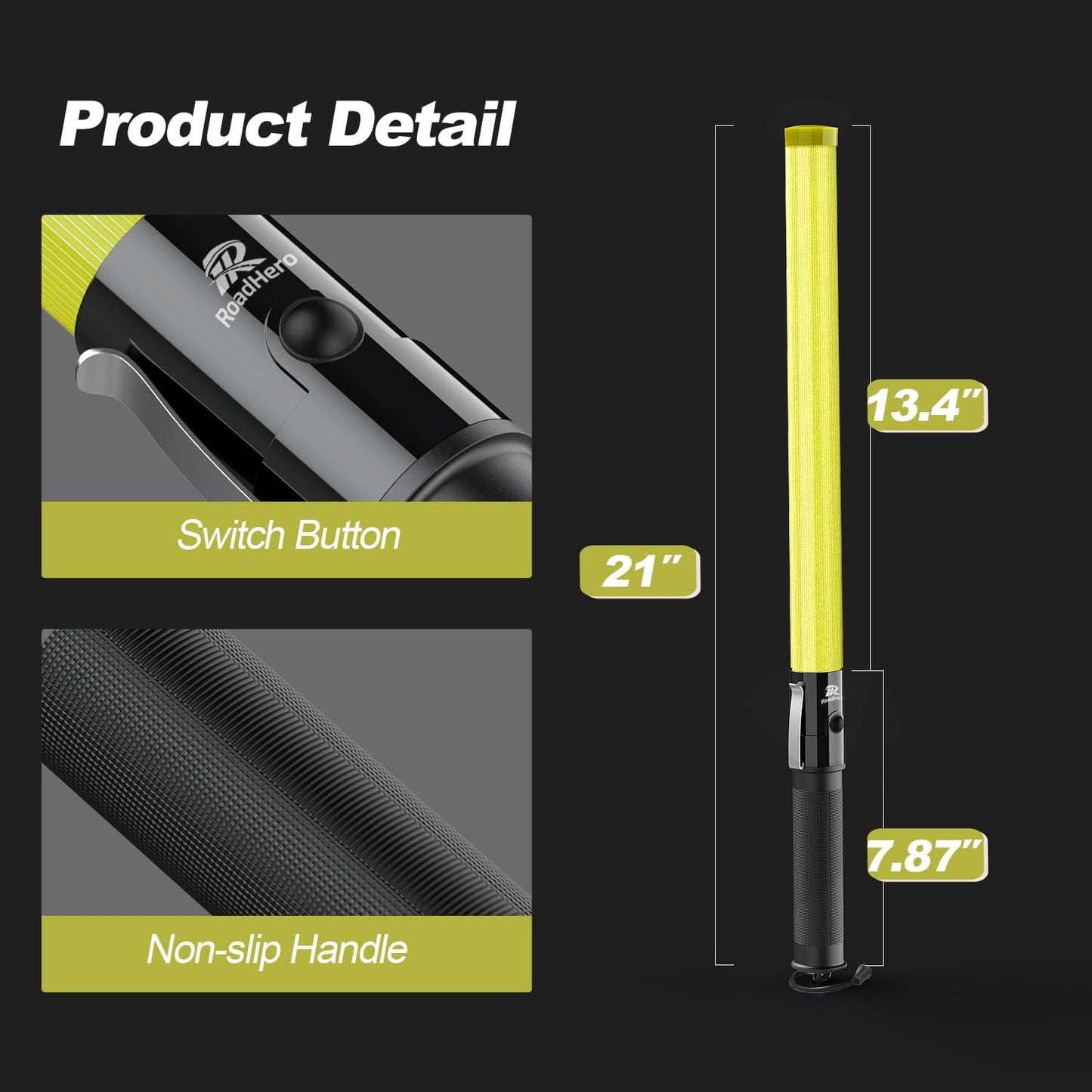 RoadHero 21 Inch Traffic Wand, Yellow LED Traffic Control Baton with 2 Flashing Modes, Night Safety Light Wand with Side Clip for Airport, Parking, Car Directing