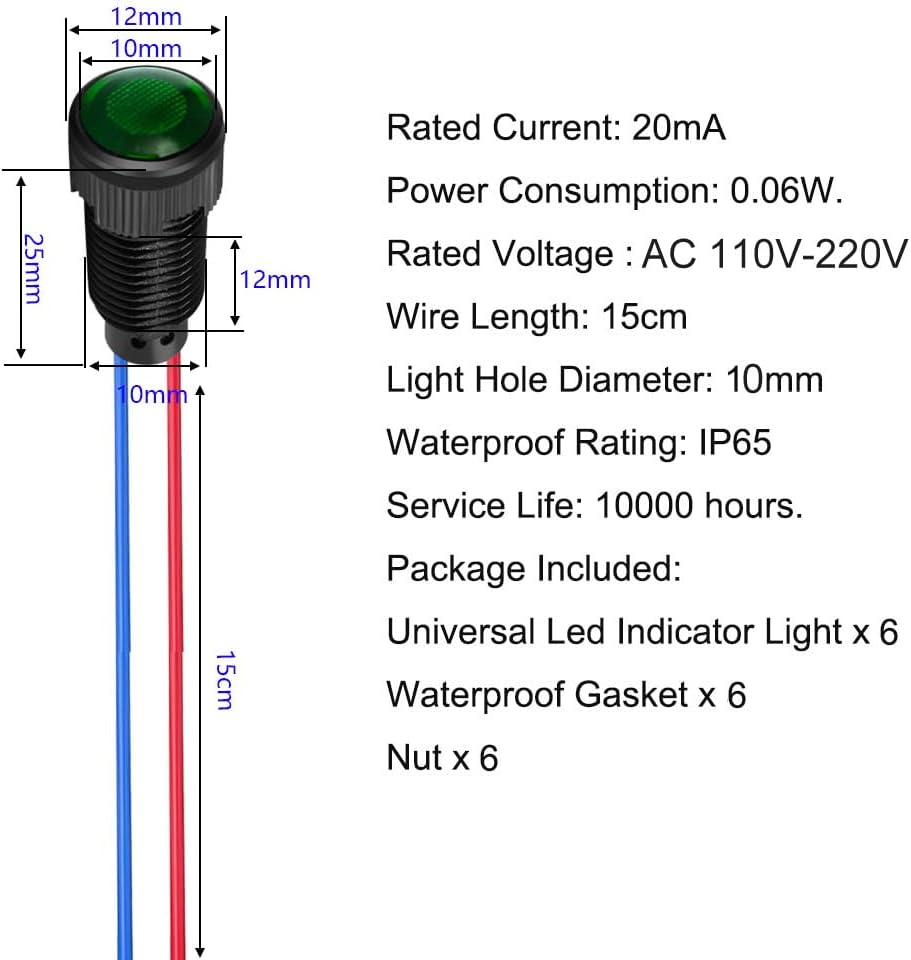 6pcs Green LED Indicator Pilot Light 110VAC Mounting Hole Size 10mm(Flame Retardant Plastic Shell)