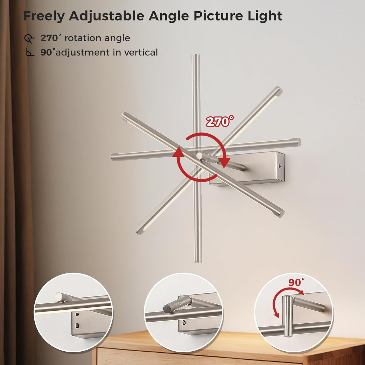 JOOSENLUX Battery Operated Picture Light 3CCT Dimmable Wireless Art Light for Paintings with Adjustable Swing Arm, 16-inch Brushed Nickel Gallery Light for Picture Display