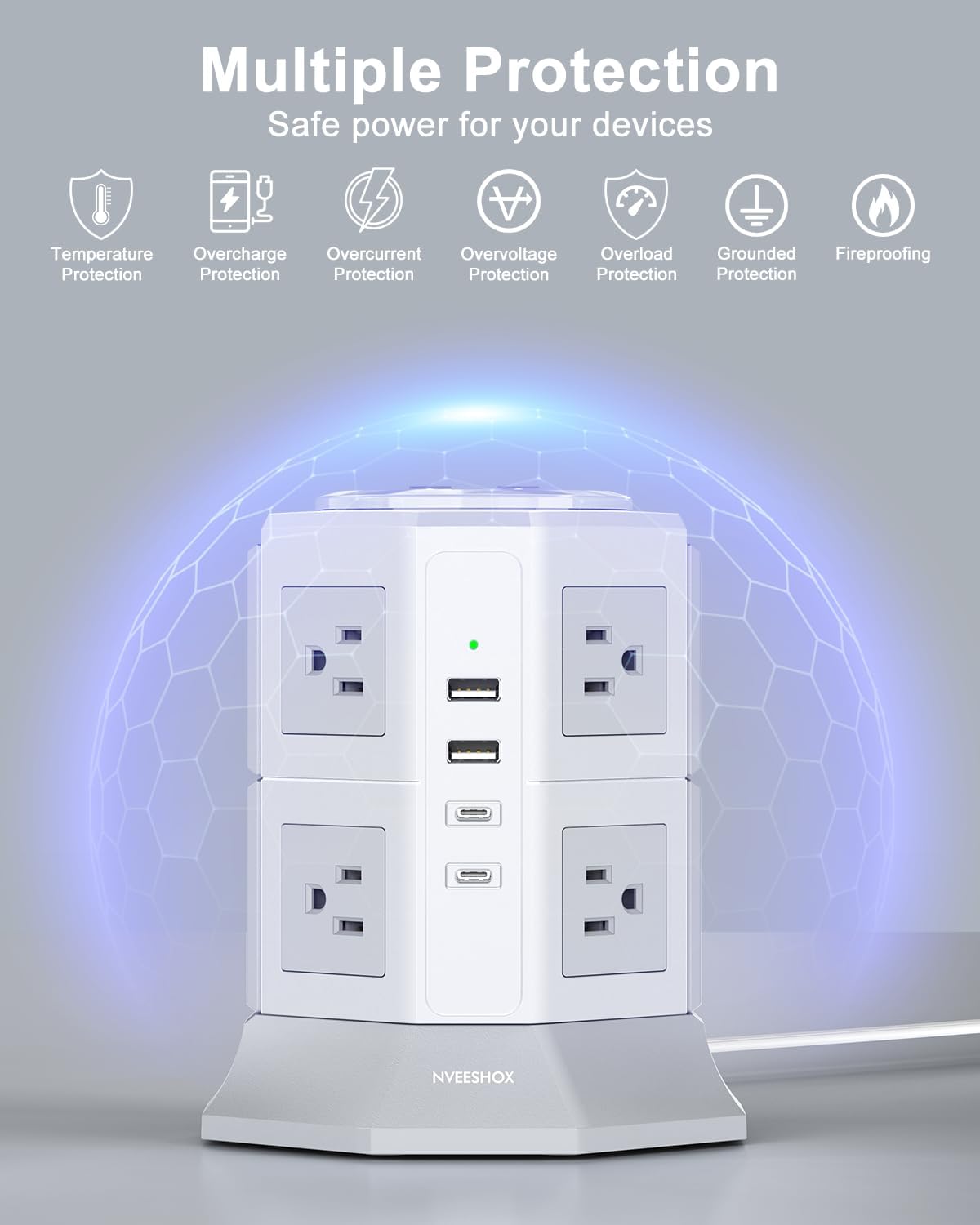 Tower Surge Protector Power Strip Flat Plugs with 8 Outlets 4 USB Ports (2 Type C), 6.5 FT Flat Extension Cord with Multiple Outlets, Charging Station with Surge Protection for Home Office Dorm