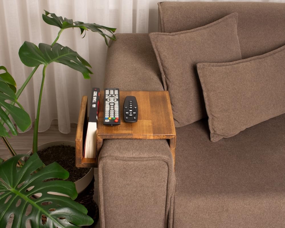 Wooden Couch Arm Tray – Sofa Armrest Table with Book & Magazine Holder, Perfect for Coffee & Remote Control, Solid Wood (Cape Town)