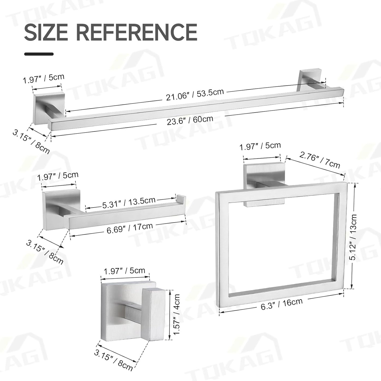 TQKAG Brushed Nickel Bathroom Hardware Accessories Set 10 Pieces, 23.6" SUS304 Stainless Steel Towel Bar Set Wall Mounted Includes Single Towel Bar, Towel Ring, Toilet Paper Holder, Double Towel Hooks